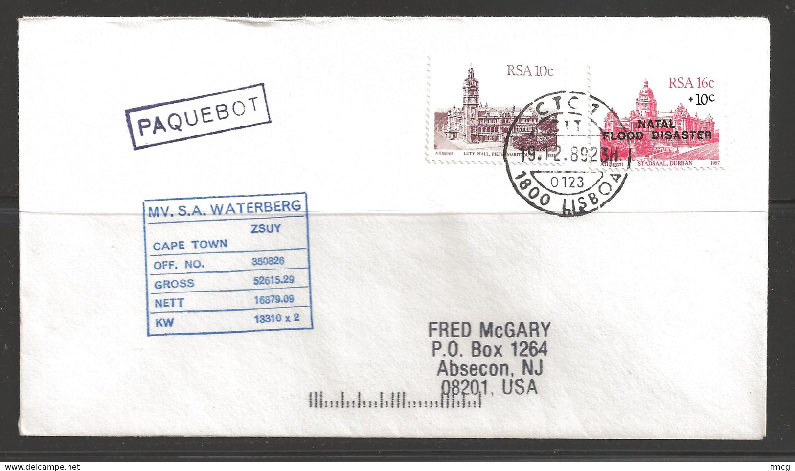 1989 Paquebot Cover, South Africa Stamps Used In Lisbon, Portugal - Covers & Documents