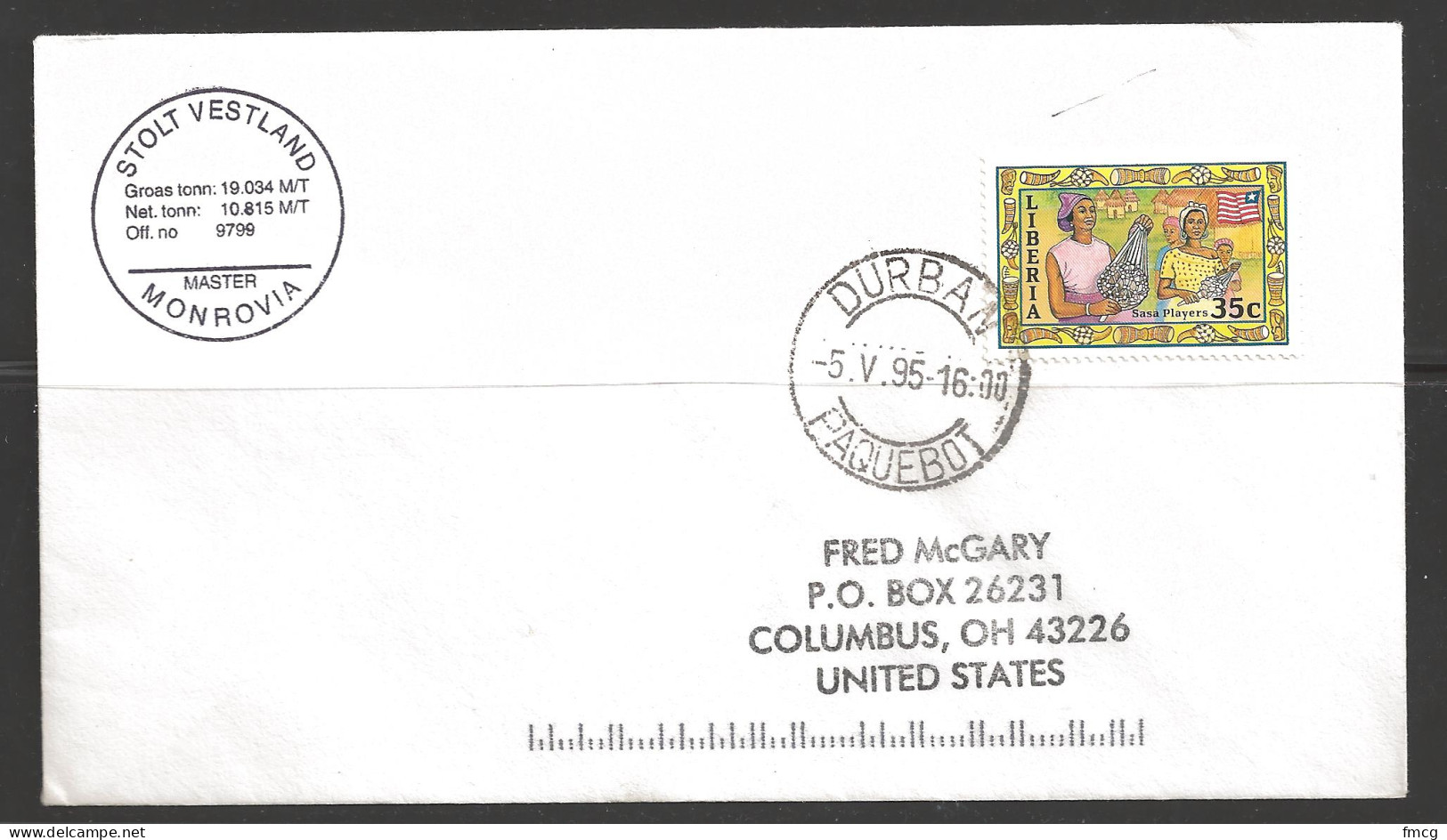 1995 Paquebot Cover, Liberia Stamp Used In Durban, South Africa - Liberia