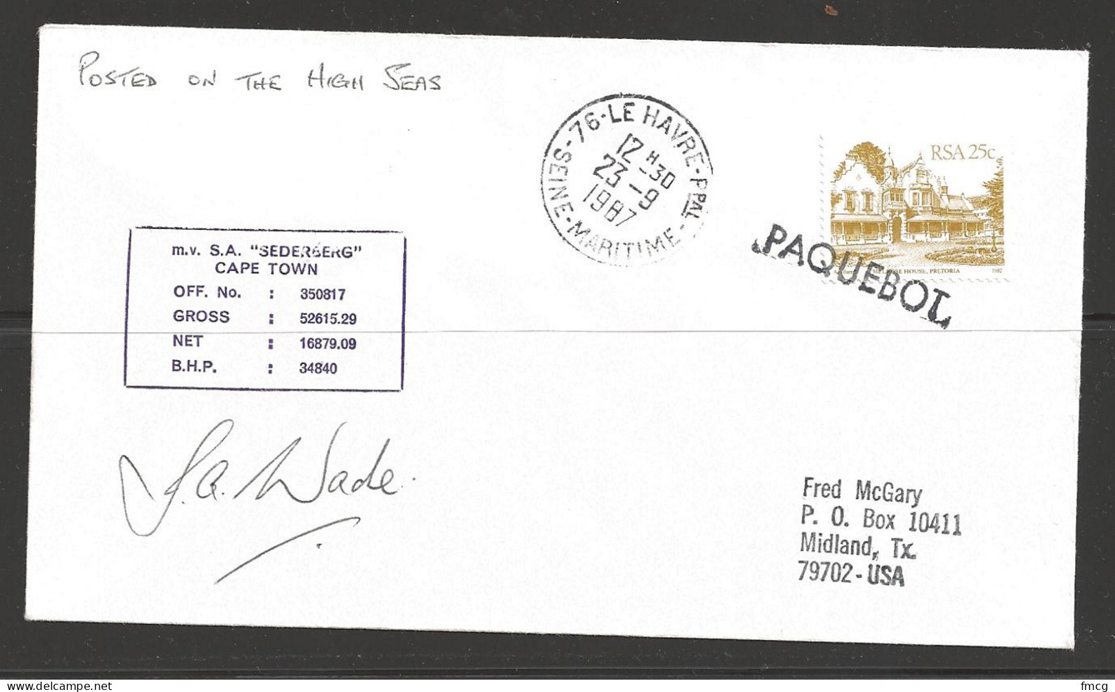 1987 Paquebot Cover, South Africa Stamp Used In LeHavre, France (23-9-1987) - Cartas & Documentos