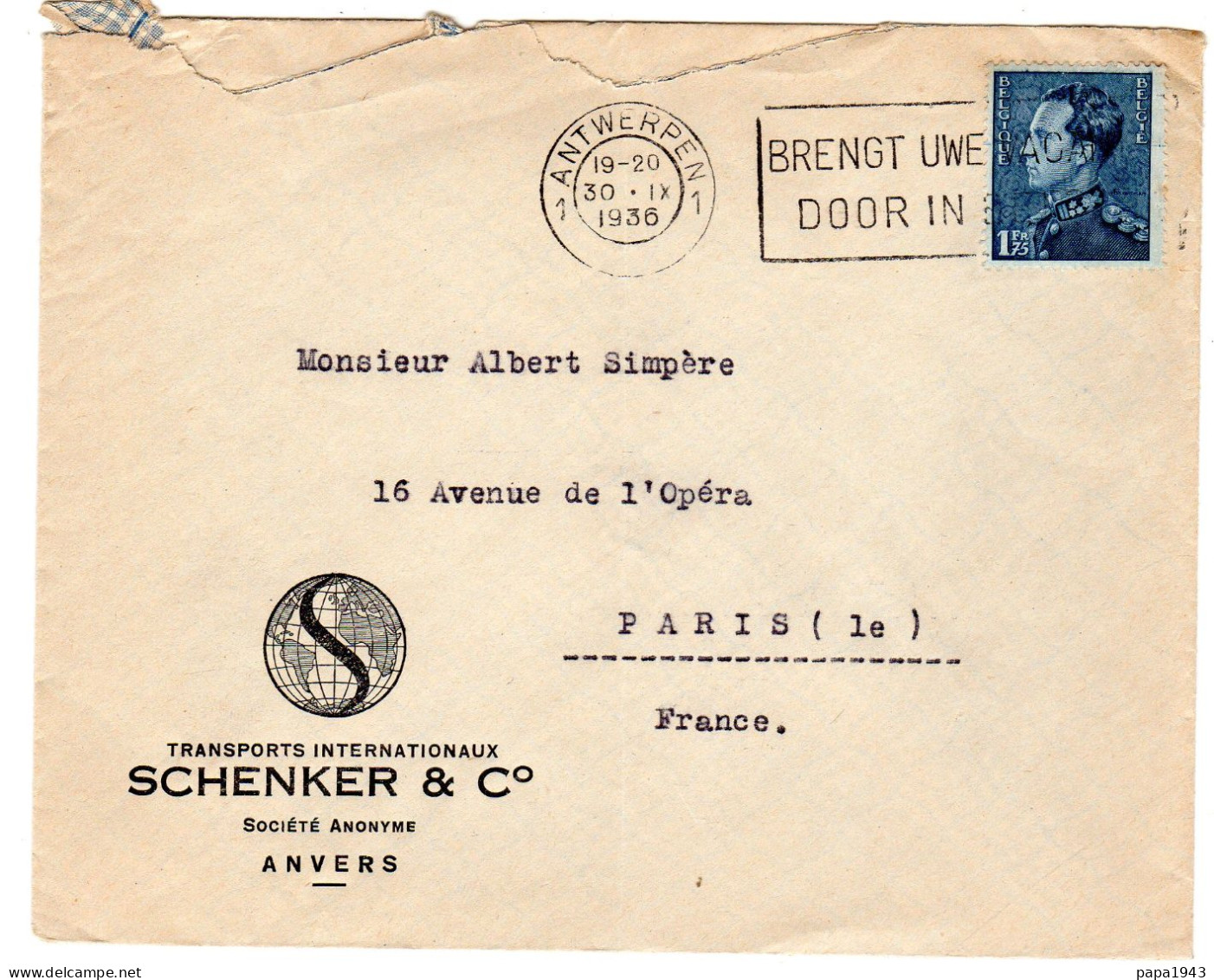 1936  CAD  ANTWERPEN " SCHENKER & Co Transports Internationaux " - Lettres & Documents