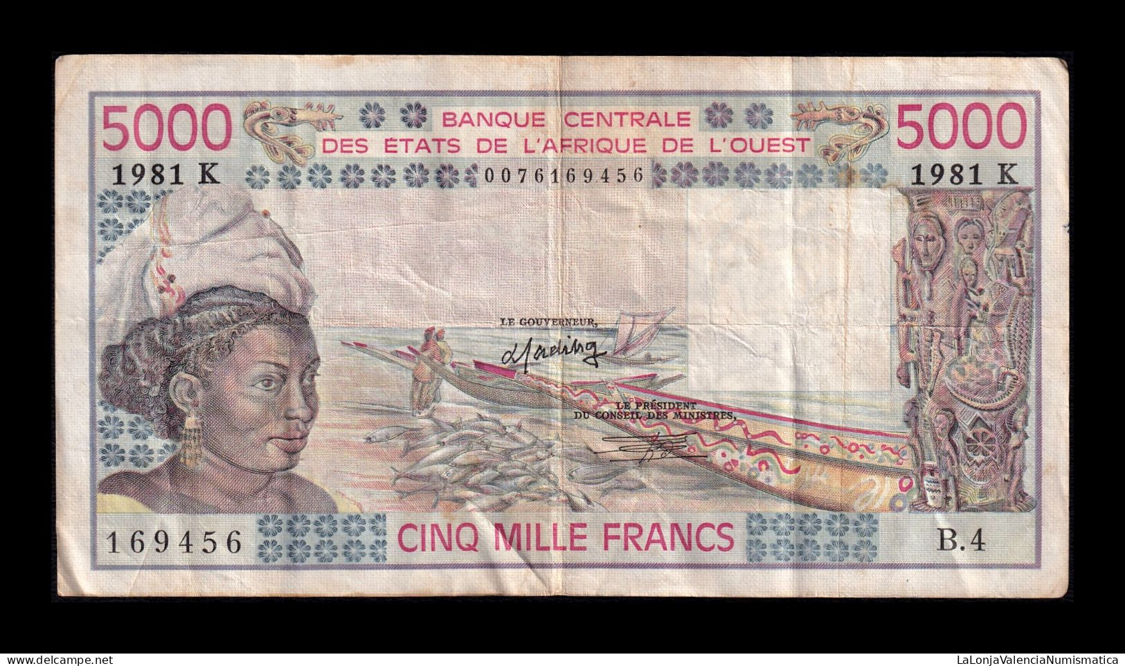 West African St. Senegal 5000 Francs 1981 Pick 708Kf(1) Bc/Mbc F/Vf - West-Afrikaanse Staten