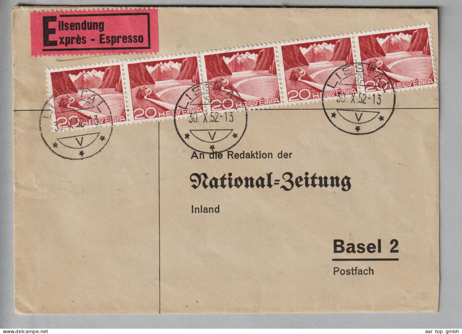 CH Heimat BL Liestal 1952-10-30 Expressbrief Nach Basel 5x 20Rp. Grimsel - Cartas & Documentos