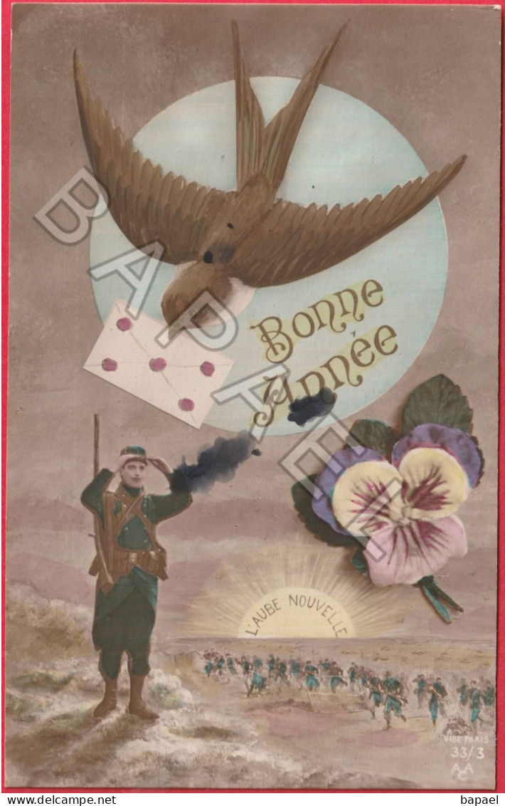 Bonne Année - L'Aube Nouvelle - Hirondelle Avec Lettre Et Soldat (Circulé En 1916) - Patriotic