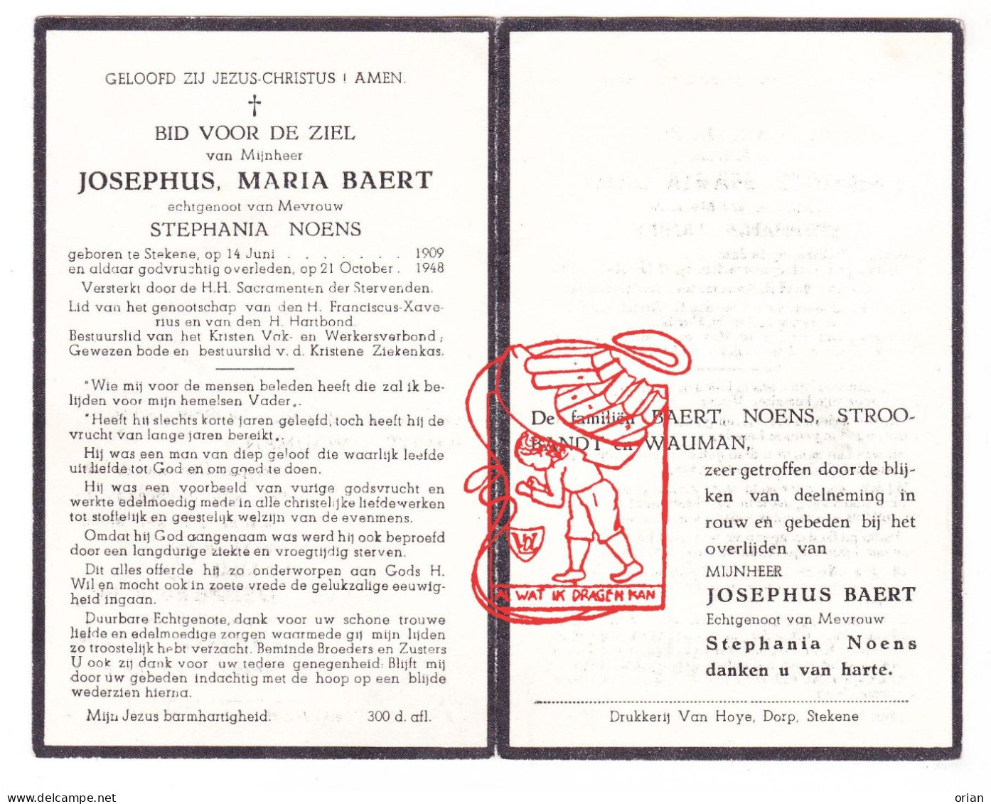DP Bestuurslid & Bode - Josephus Maria Baert ° Stekene 1909 † 1948 X Stephania Noens // Stroobandt Wauman - Images Religieuses