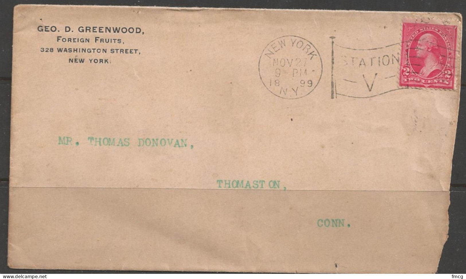 1899 New York, Station V Flag Cancel, (Nov 27), Corner Card - Covers & Documents