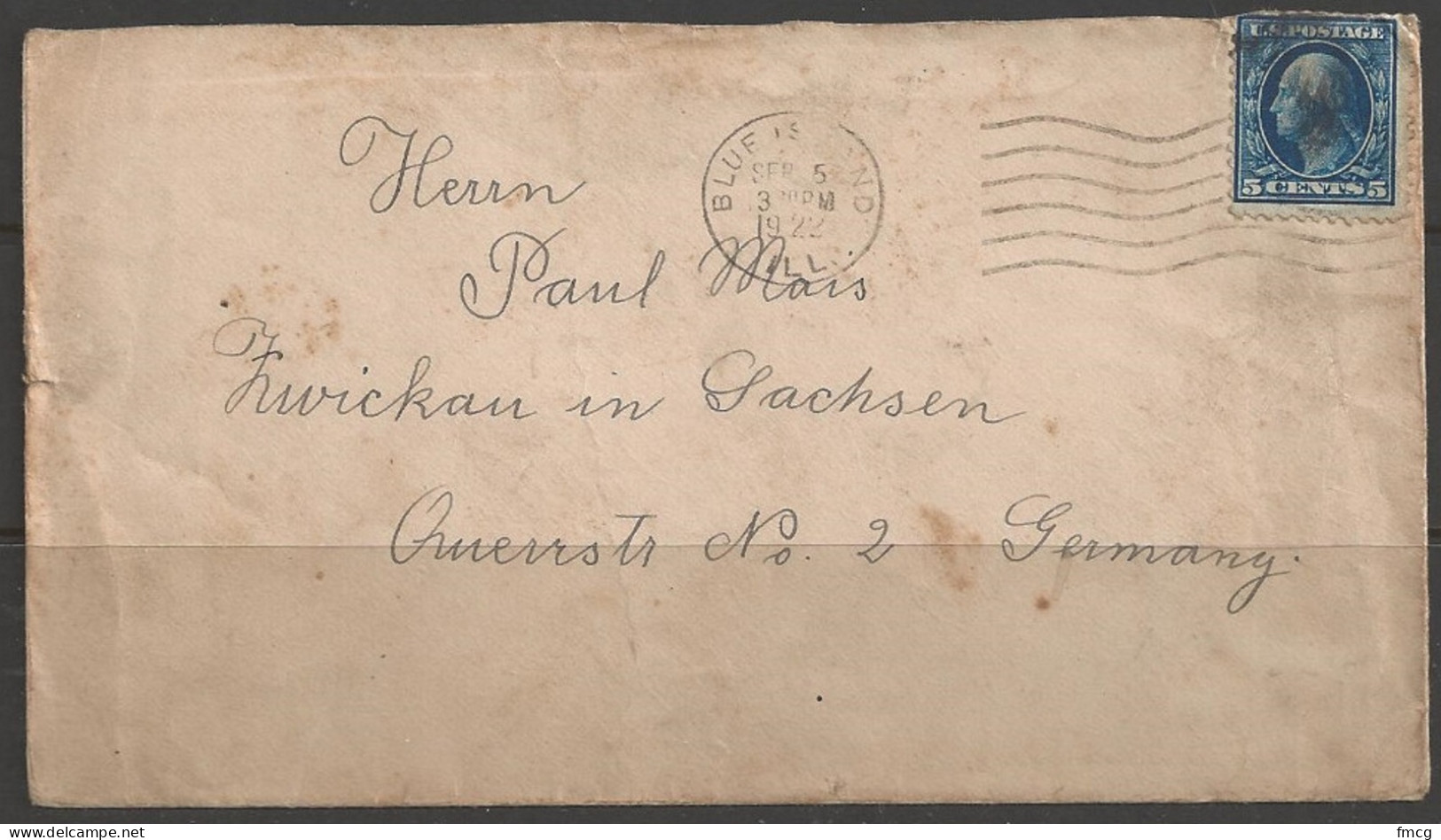 1922 5 Cents Washington, Bluff Island (Sep 5) ILL To Germany - Cartas & Documentos