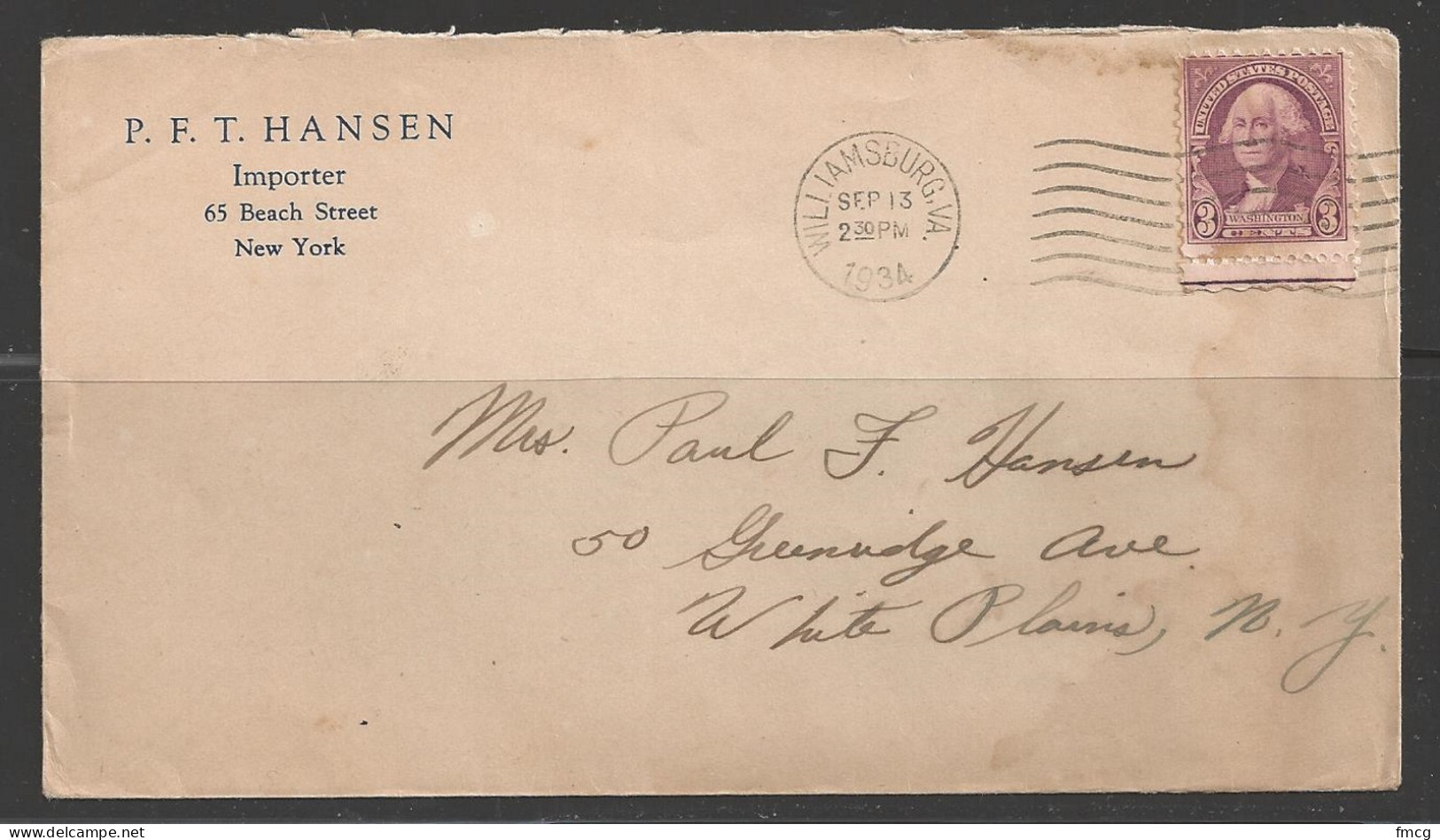 1934 Williamsburg VA (Sep 13) Hansen New York Importer Corner Card - Lettres & Documents