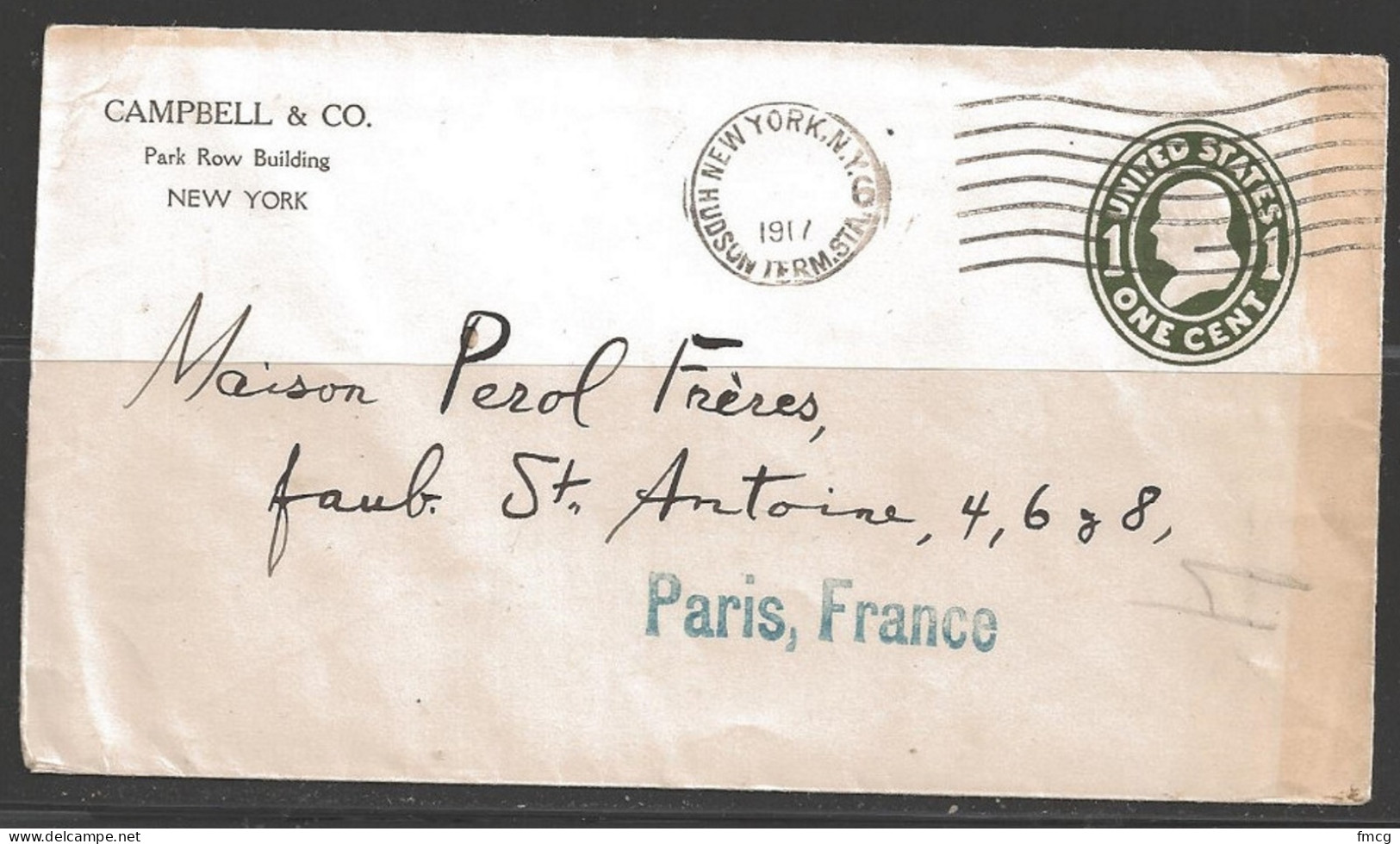 1917 2c Envelope, NY Hudson Ter. Sta. To Paris France, Corner Card - Lettres & Documents