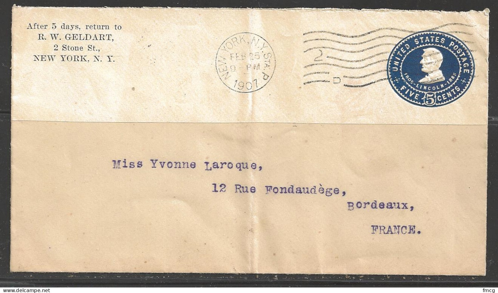 1907 New York (Feb 25) To Bordeaux, France - Briefe U. Dokumente