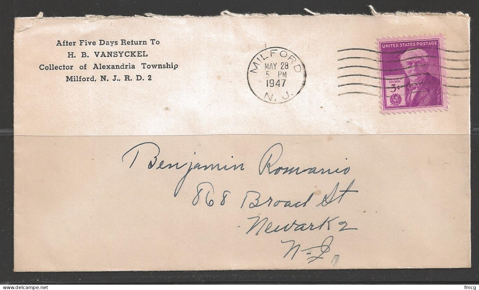 1947 Milford New Jersey (May 28) Vansyckel, Township Collector Corner Card - Lettres & Documents