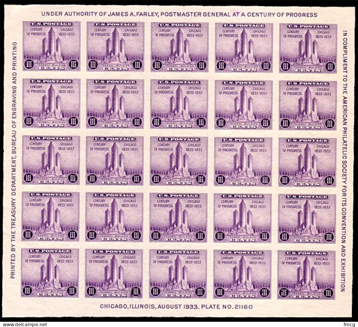 1933 3 Cents Chicago Sheet, APS, Sheet Of 25, Mint Never Hinged - Neufs