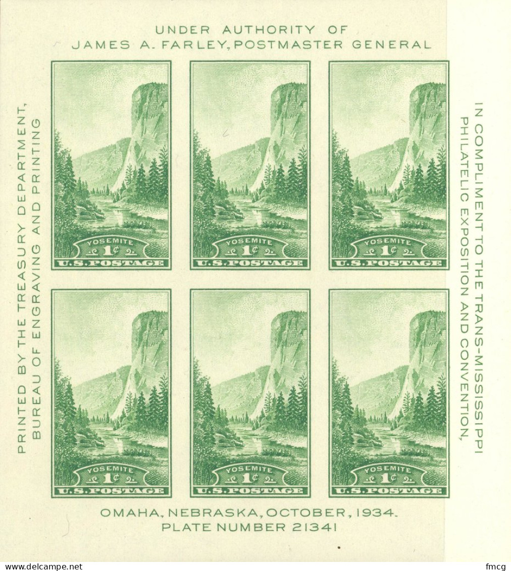 1934 Yosemite National Park, Sheet Of 6, Mint Never Hinged - Ungebraucht