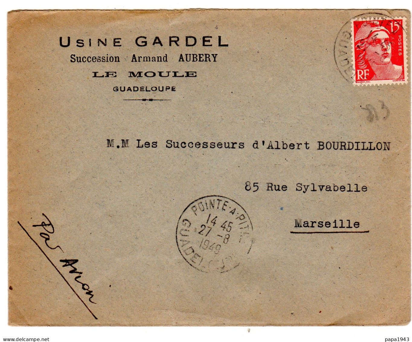 1949  CAD  POINTE à PITRE "  Usine GARDEL  LE MOULE GUADELOUPE " - Covers & Documents