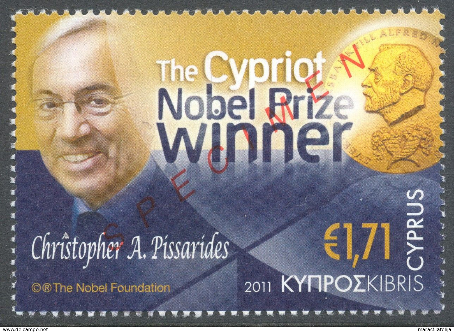 Cyprus, 2011, Nobel Prize Winner - Christopher A. Pissarides, SPECIMEN Overprint - Lettres & Documents