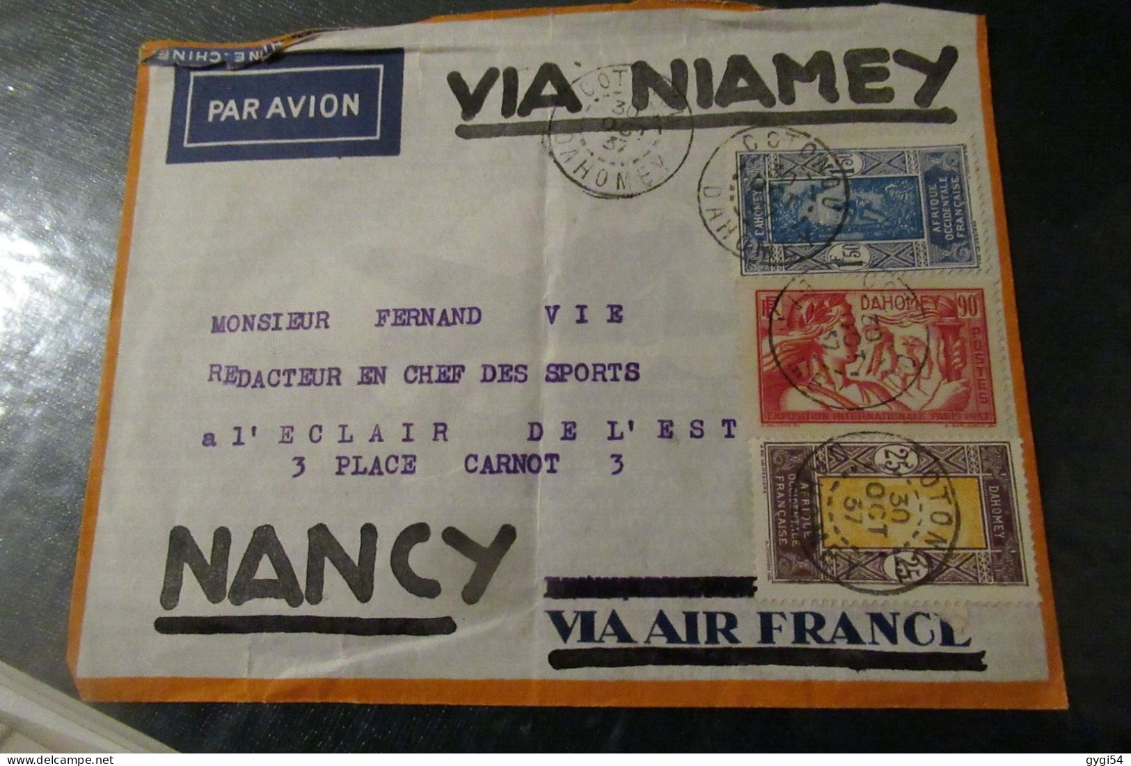 DAHOMEY Lettre Par Avion Du 30 10 1937 De COTONOU Pour NANCY - Briefe U. Dokumente