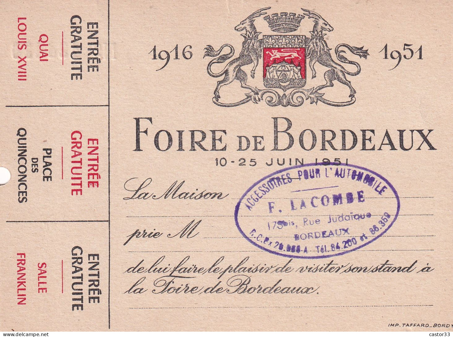 Entrée Foire De Bordeaux 1951 - Toegangskaarten