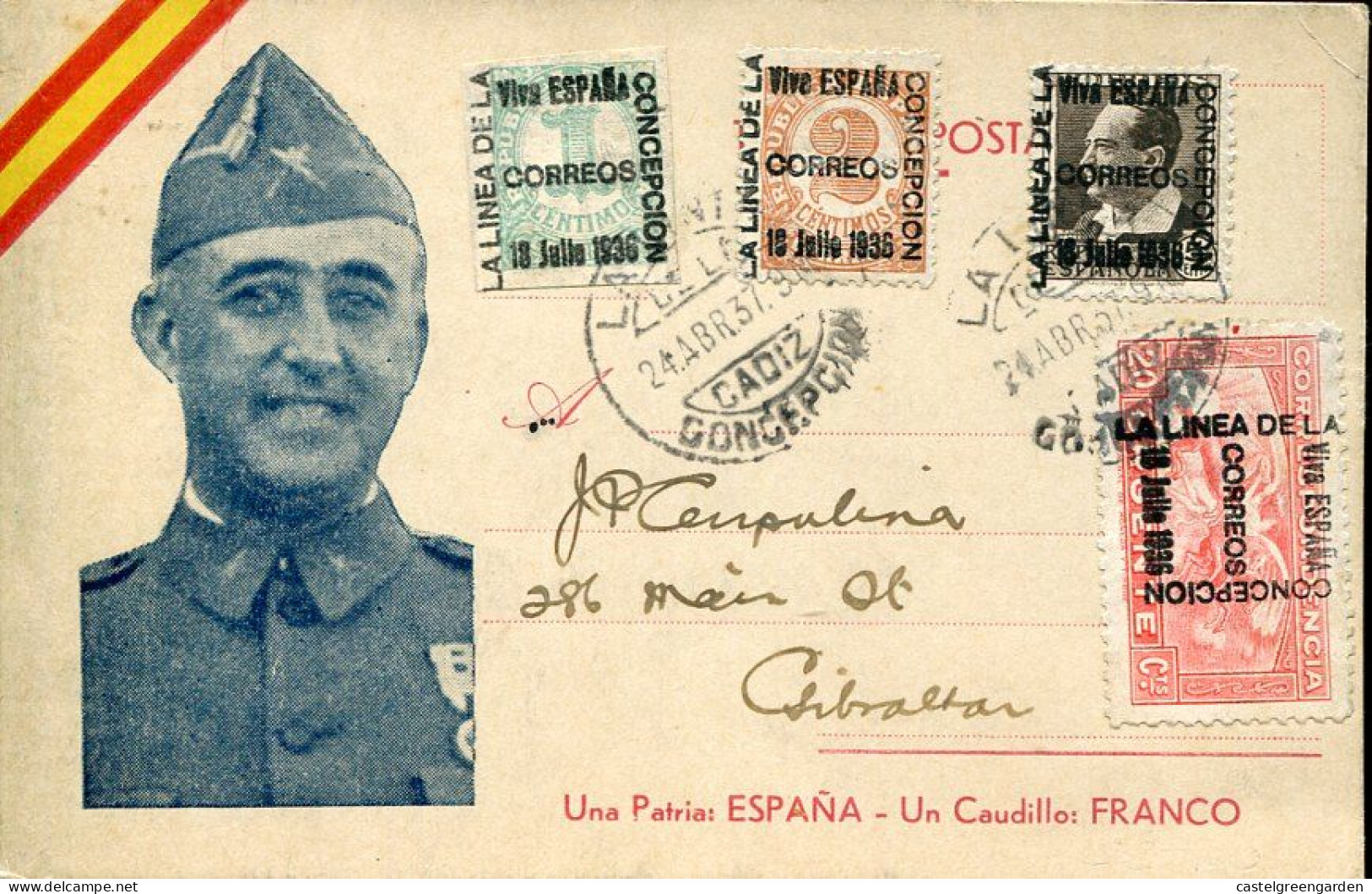 X0432 Spain,circuled Card From Cadiz To Gibraltar  24.4.1937 Propaganda Card Franco With Vva Espana - Emissioni Nazionaliste