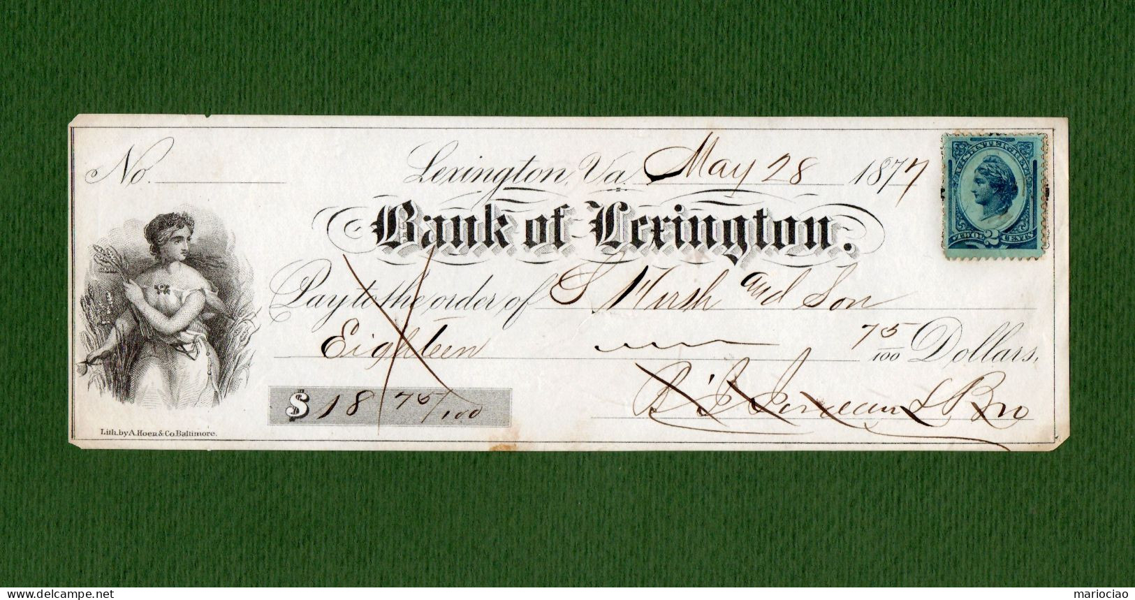 USA Check Bank Of Lexington, Virginia 28 May 1877 - Other & Unclassified