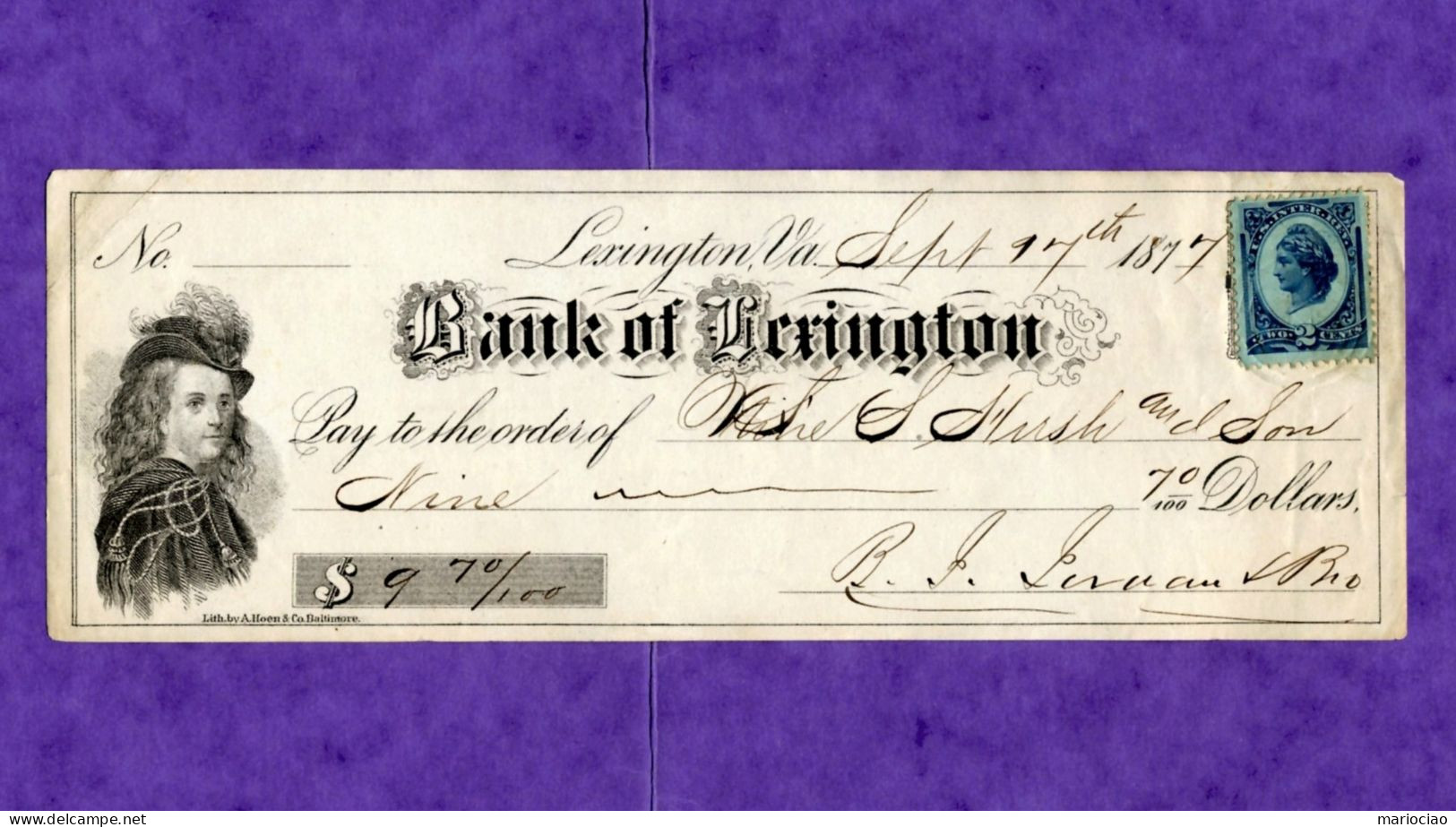 USA Check Bank Of Lexington, Virginia 9 Sept 1877 - Other & Unclassified