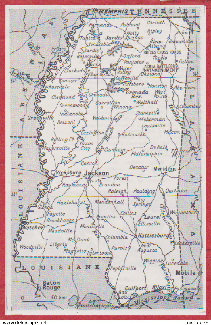 Petite Carte Du Mississippi. Etats Unis. USA. Larousse 1960. - Historische Documenten