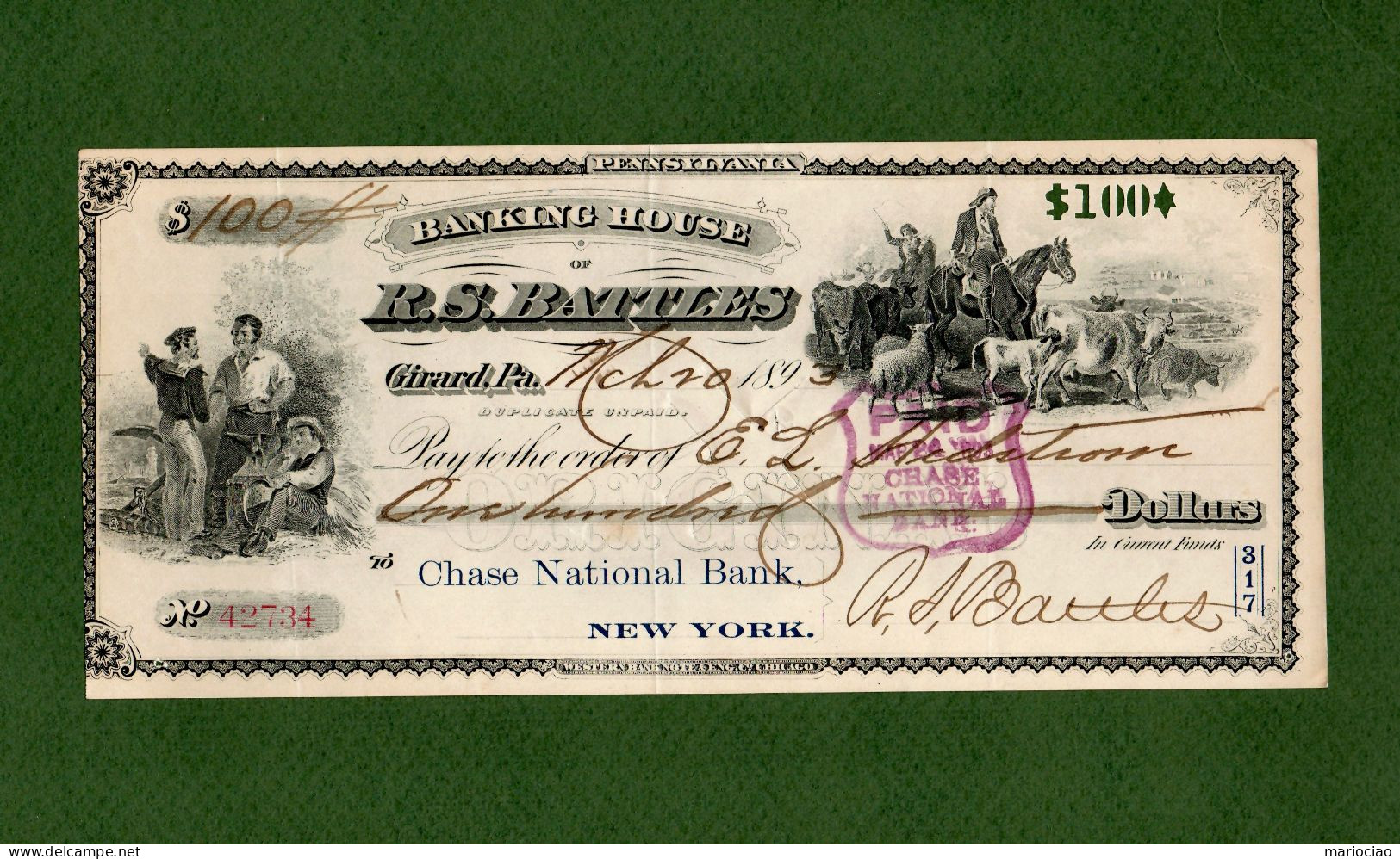 USA Check Banking House Of R.S. BATTLES Girard PA 1893 AUTOGRAPH SIGNATURE OF BATTLES N 42734 - Andere & Zonder Classificatie