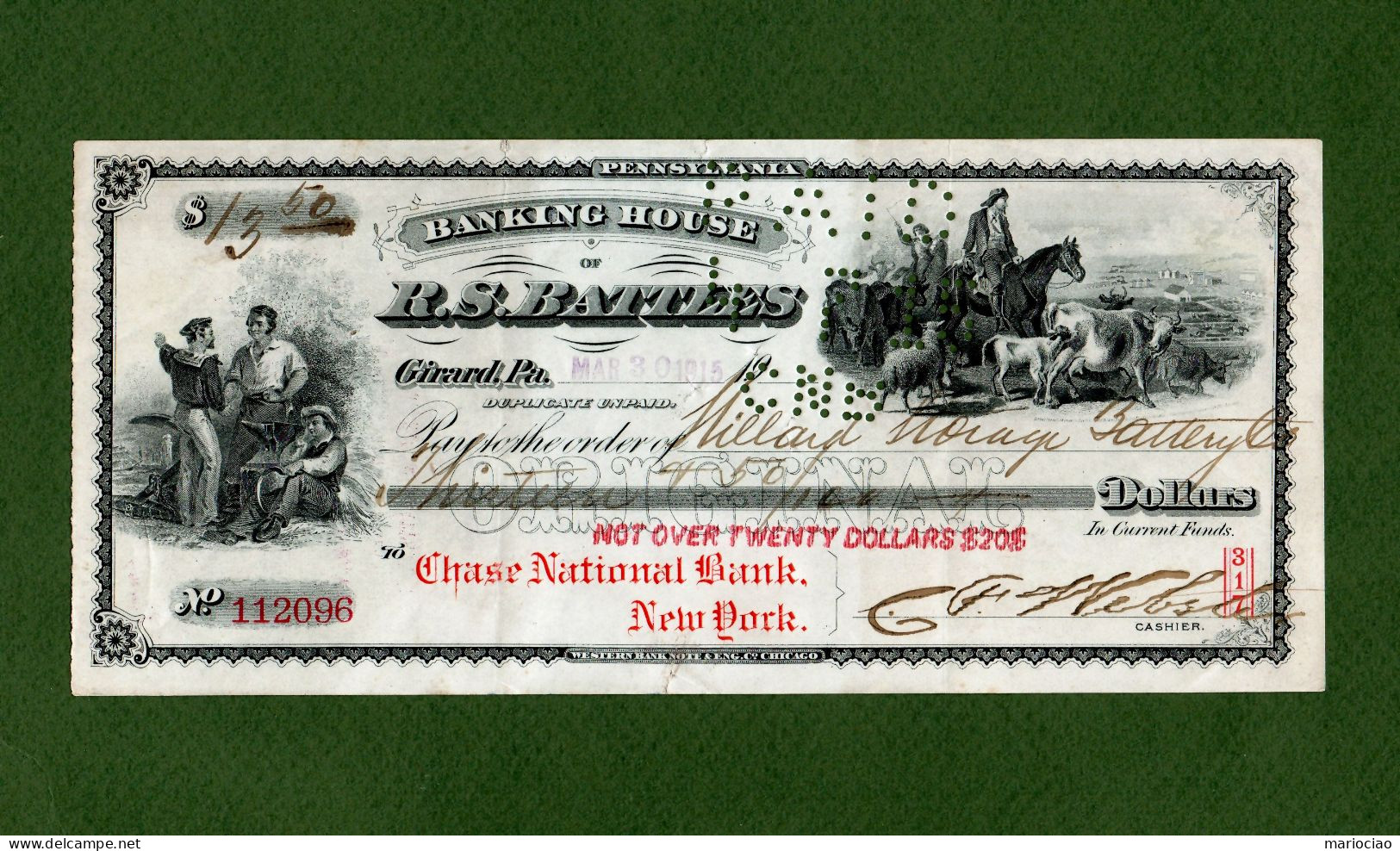 USA Check Banking House Of R.S. BATTLES Girard PA 1915 N.112096 - Autres & Non Classés