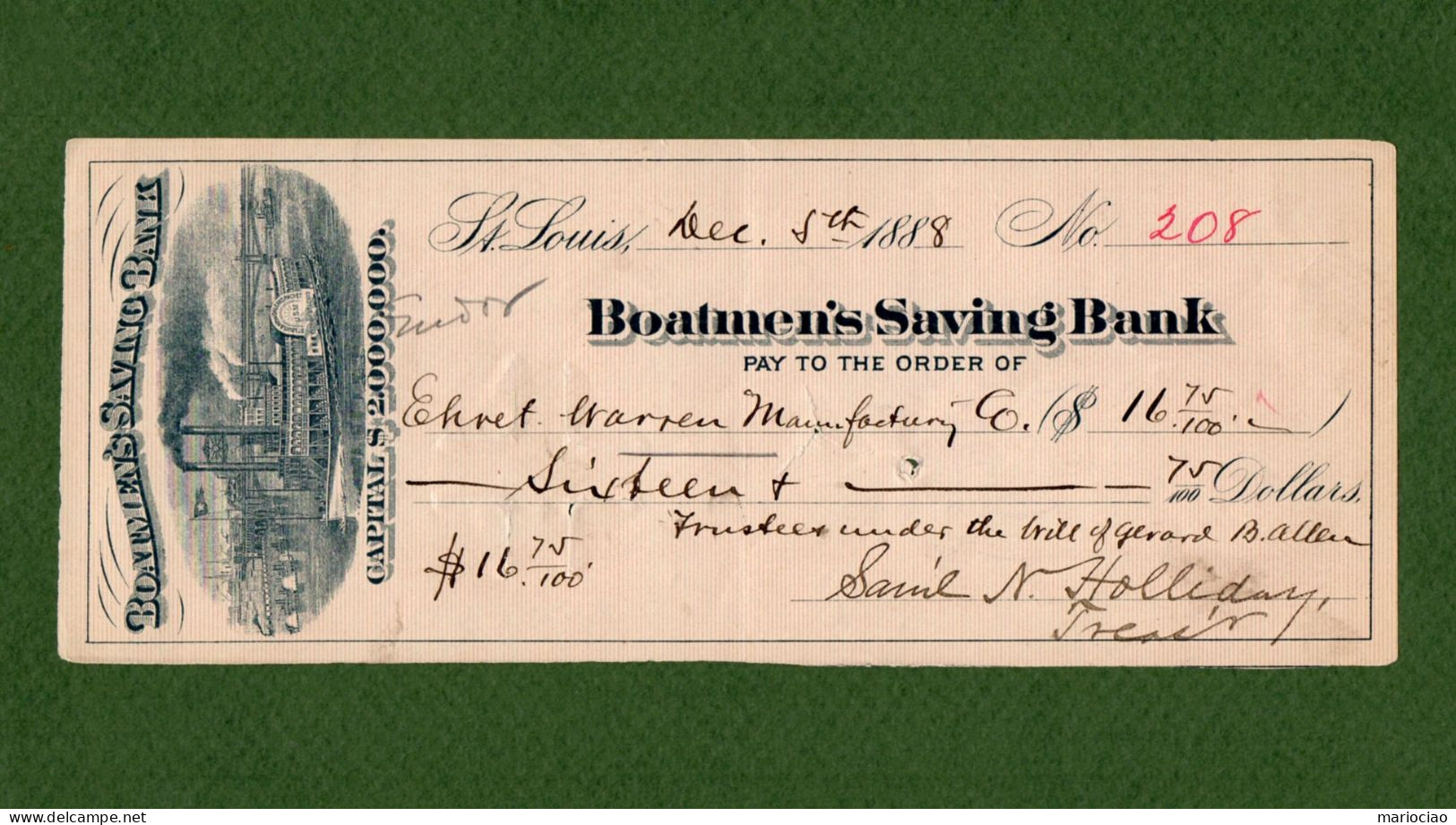 USA Check Boatmen's Saving Bank St. Louis, IL 1888 STEAMBOAT - EXTREMELY RARE ! - Sonstige & Ohne Zuordnung