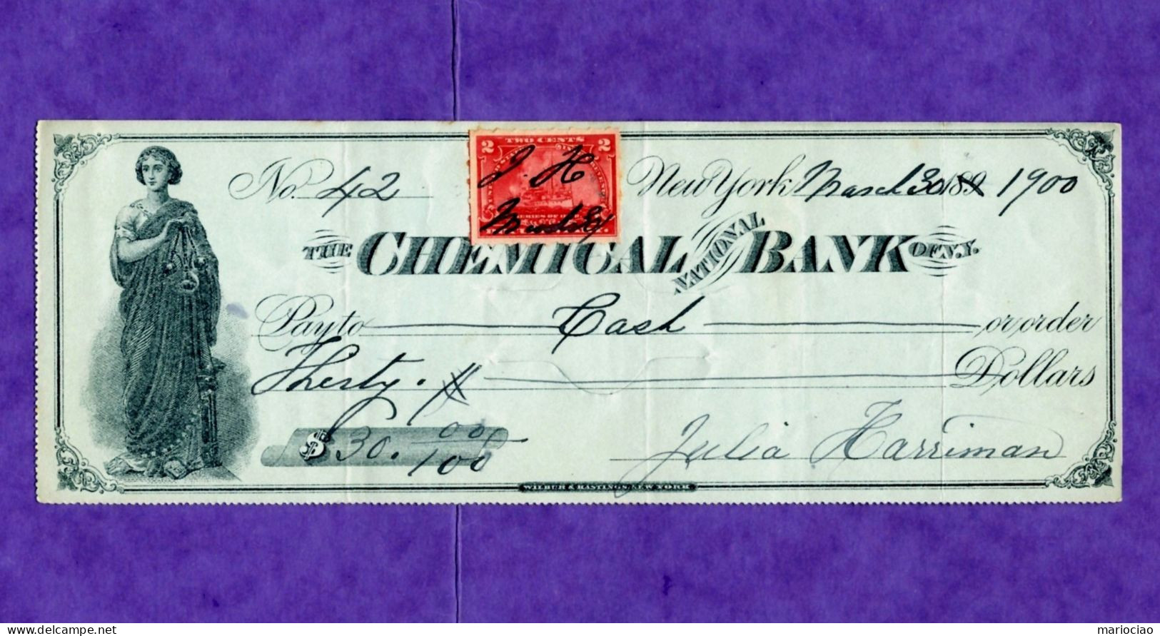 USA Check Chemical National Bank Of New York 1900 VERY RARE - Other & Unclassified