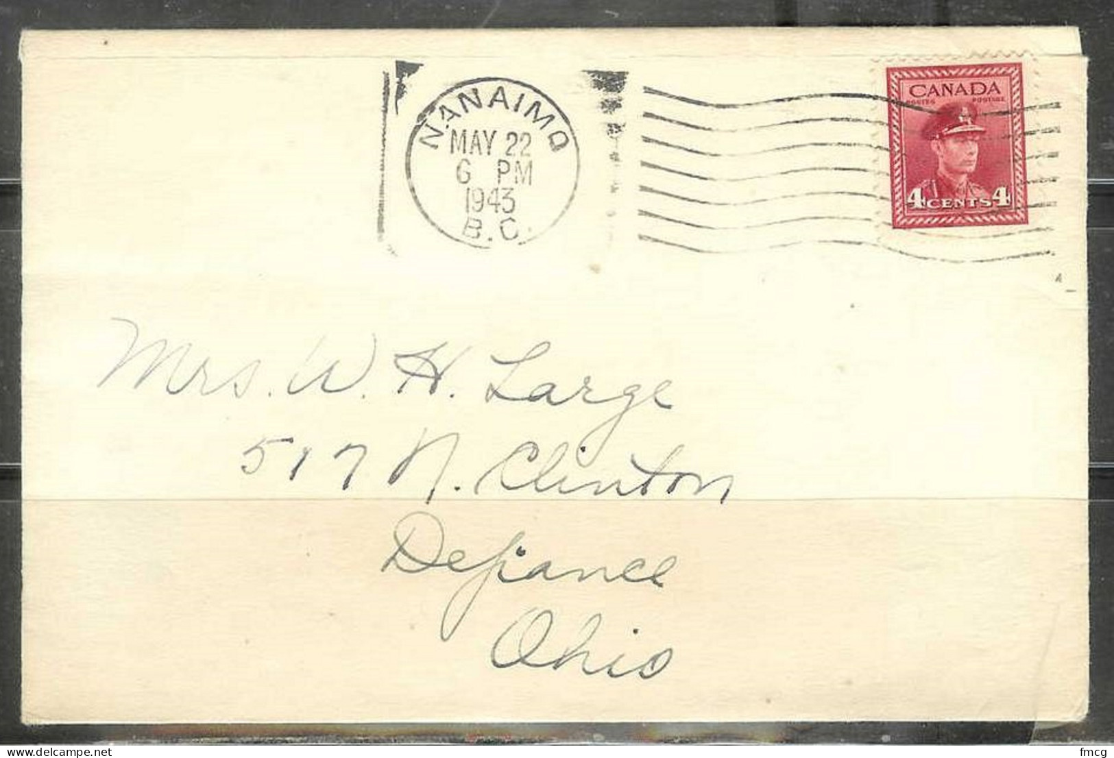 1943 4 Cents George VI Nanaimo (May 22) BC To Ohio USA - Cartas & Documentos