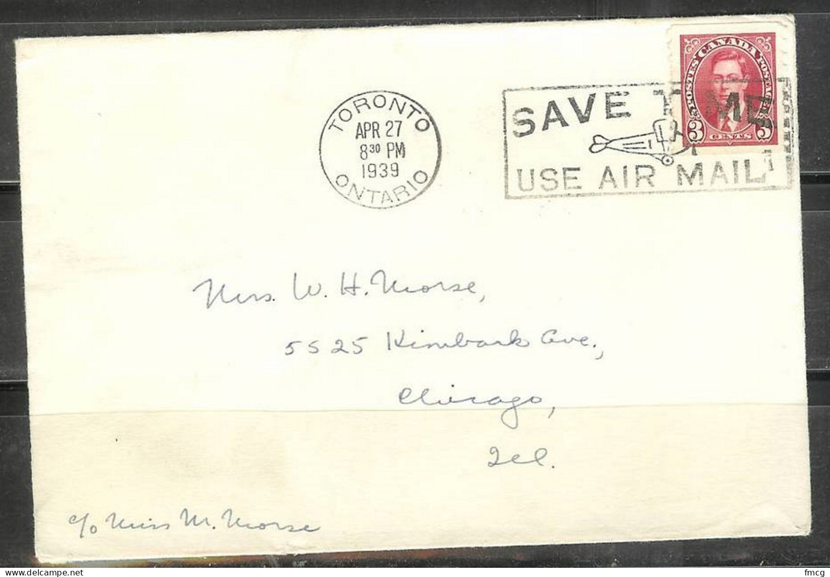 1939-3 Cents George VI Coil, Royal York Hotel, Toronto To Chicago - Briefe U. Dokumente