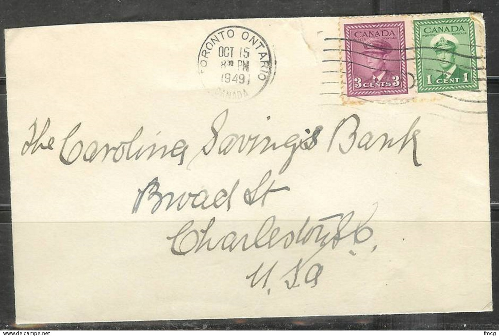 1949 - 1 And 3 Cents George VI Uniform, (Oct 15) Toronto To SC USA - Covers & Documents