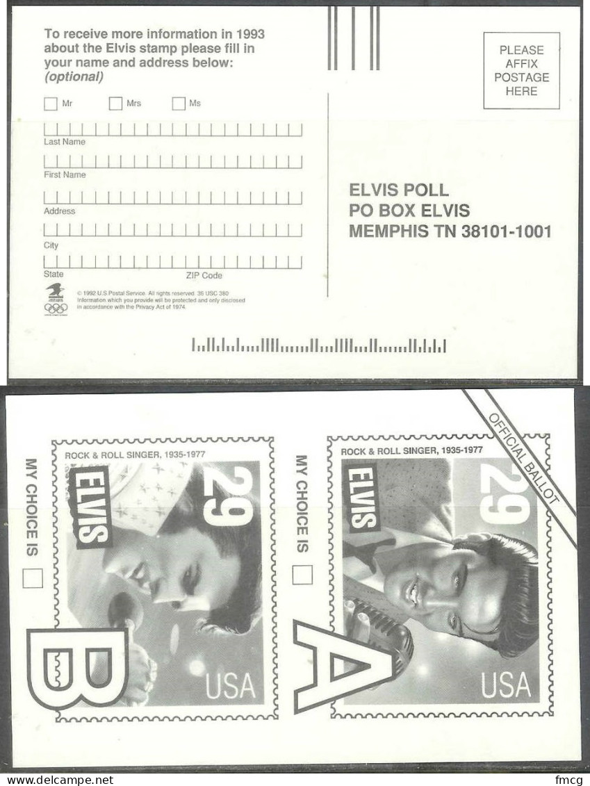 1992 USA Postal Card Ballot For Elvis Presley Stamp, Unused - Francobolli (rappresentazioni)