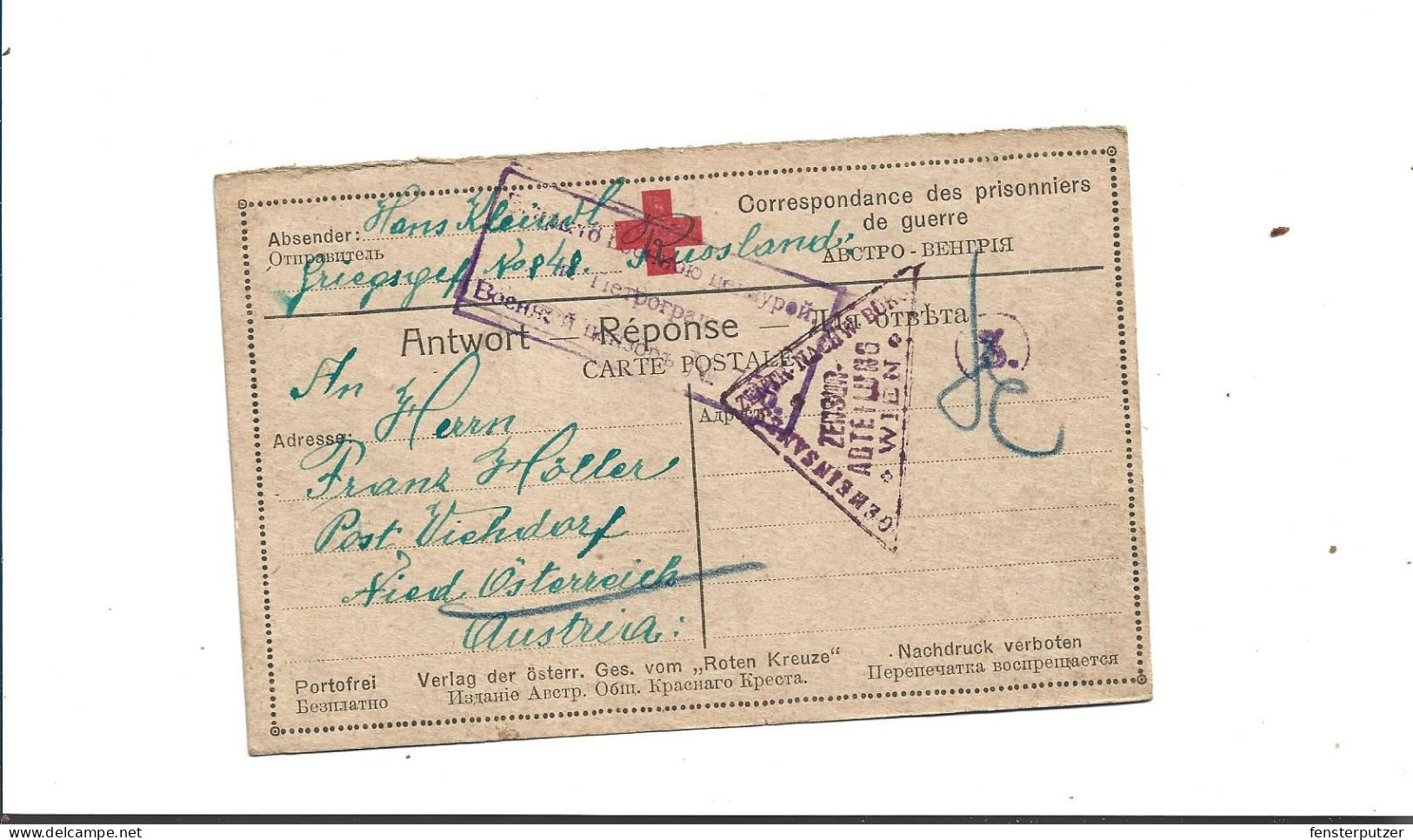 Postkarte Rotes Kreuz Kriegsgefangenenlager Rußland 17.1.1917 - Gebruikt