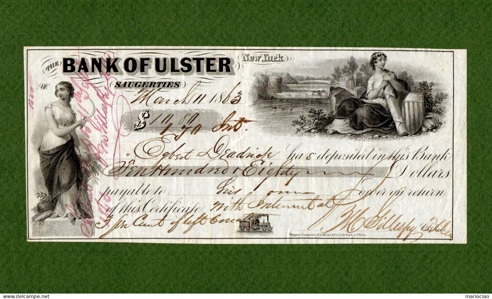 USA Check CIVIL WAR ERA Bank Of Ulster Saugerties New York 1863 VERY RARE - Valuta Van De Bondsstaat (1861-1864)