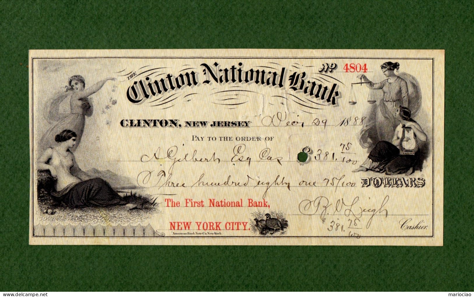 USA Check Clinton National Bank New Jersey 1888 - Autres & Non Classés