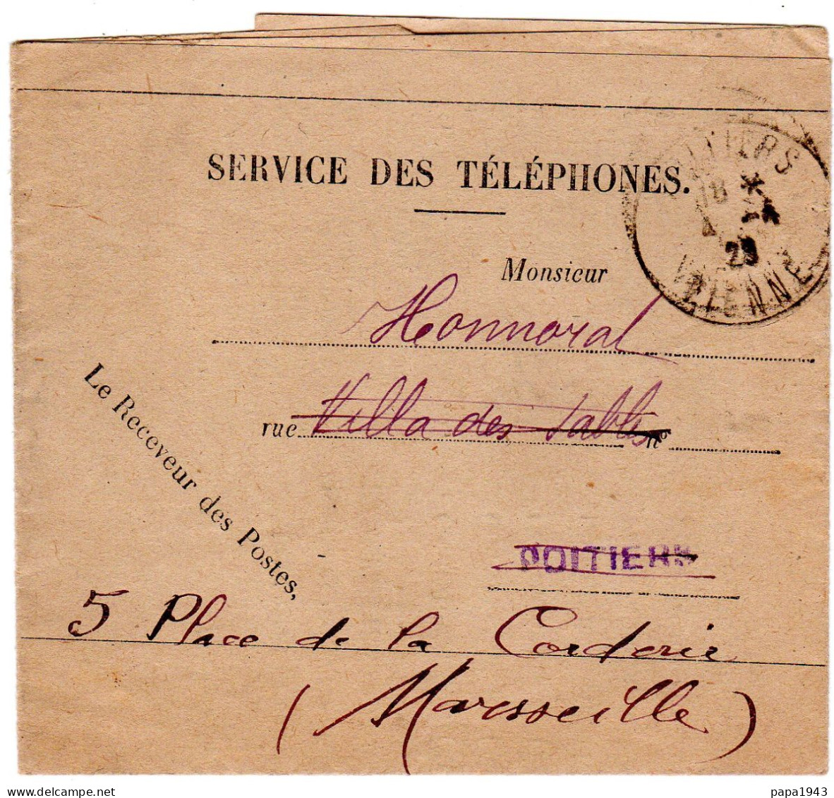 1925  " SERVICE Des TELEPHONES "  à POITIERS    Envoyée à MARSEILLE - Storia Postale