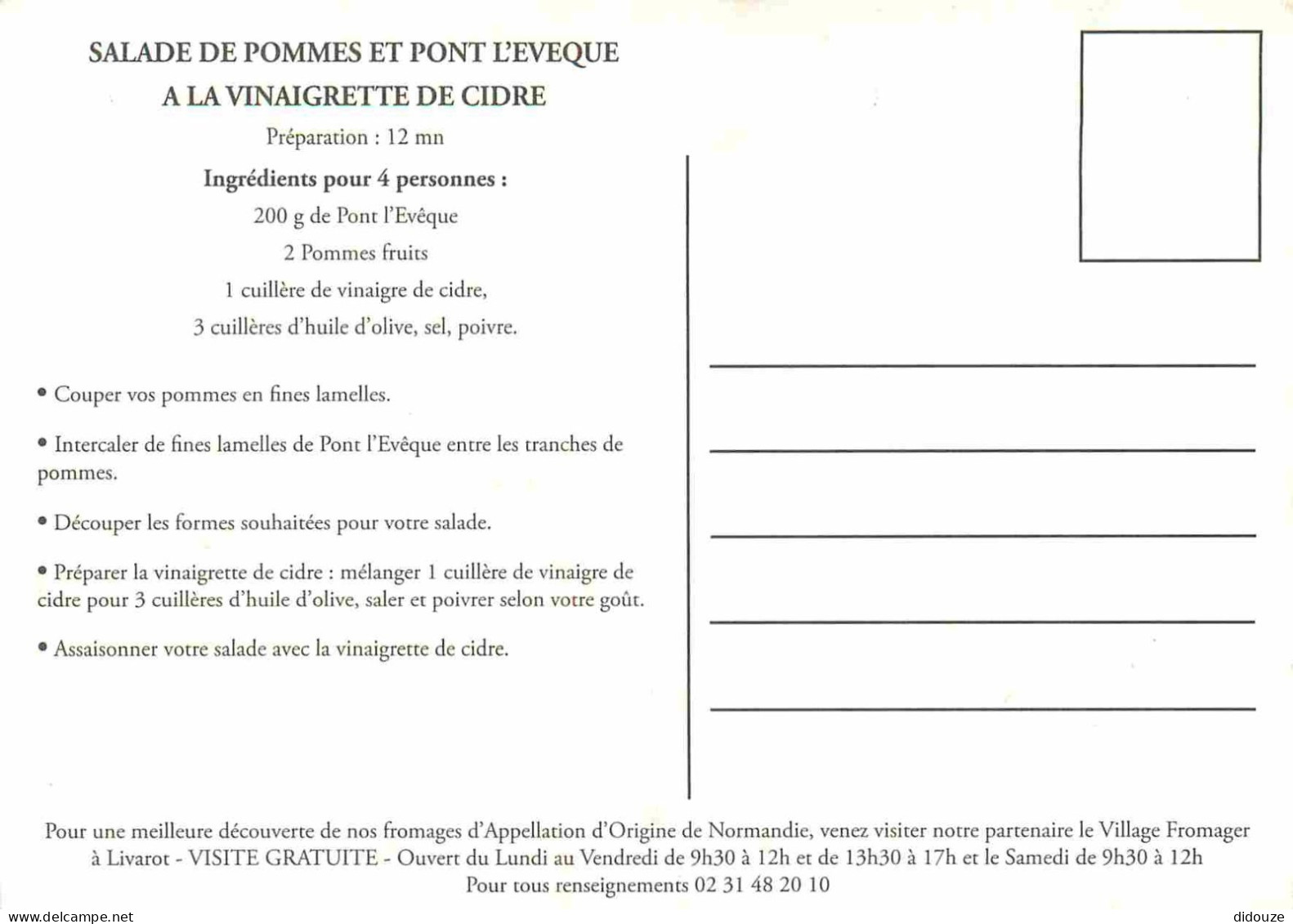 Recettes De Cuisine - Salade De Pommes Et Pont L'Evêque à La Vinaigrette De Cidre - Fromage - Gastronomie - CPM - Carte  - Recipes (cooking)