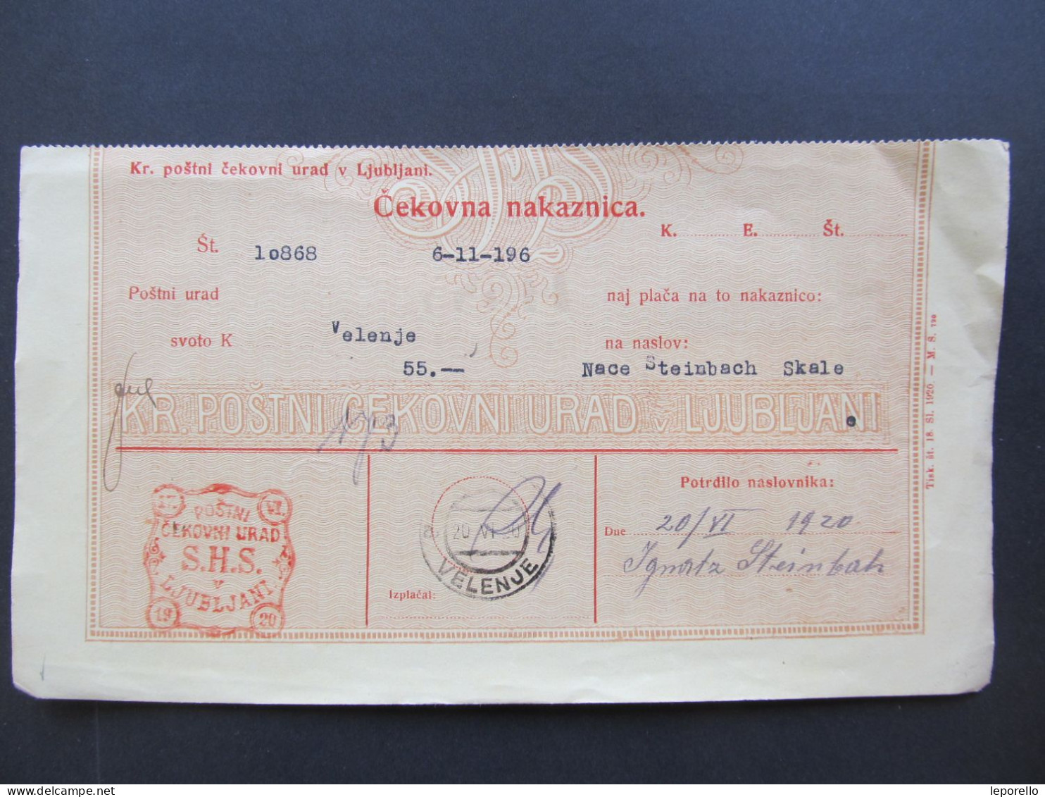 Čekovna Nakaznica Slovenia Velenje Wöllan Državni Premogovnik  1920  /// D*59466 - Brieven En Documenten