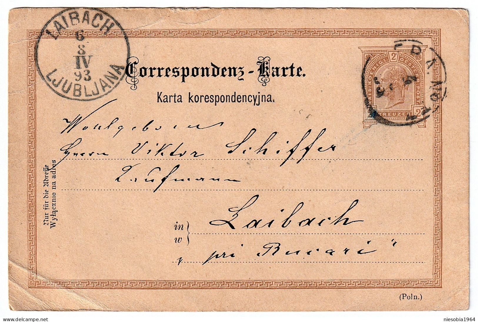 Imperial Austrian 2 Kreuzer Postcard Postal Stationery 8.04.1893 Belle-Époque Corespondenz-Karte Laibach Ljubljana - Postcards