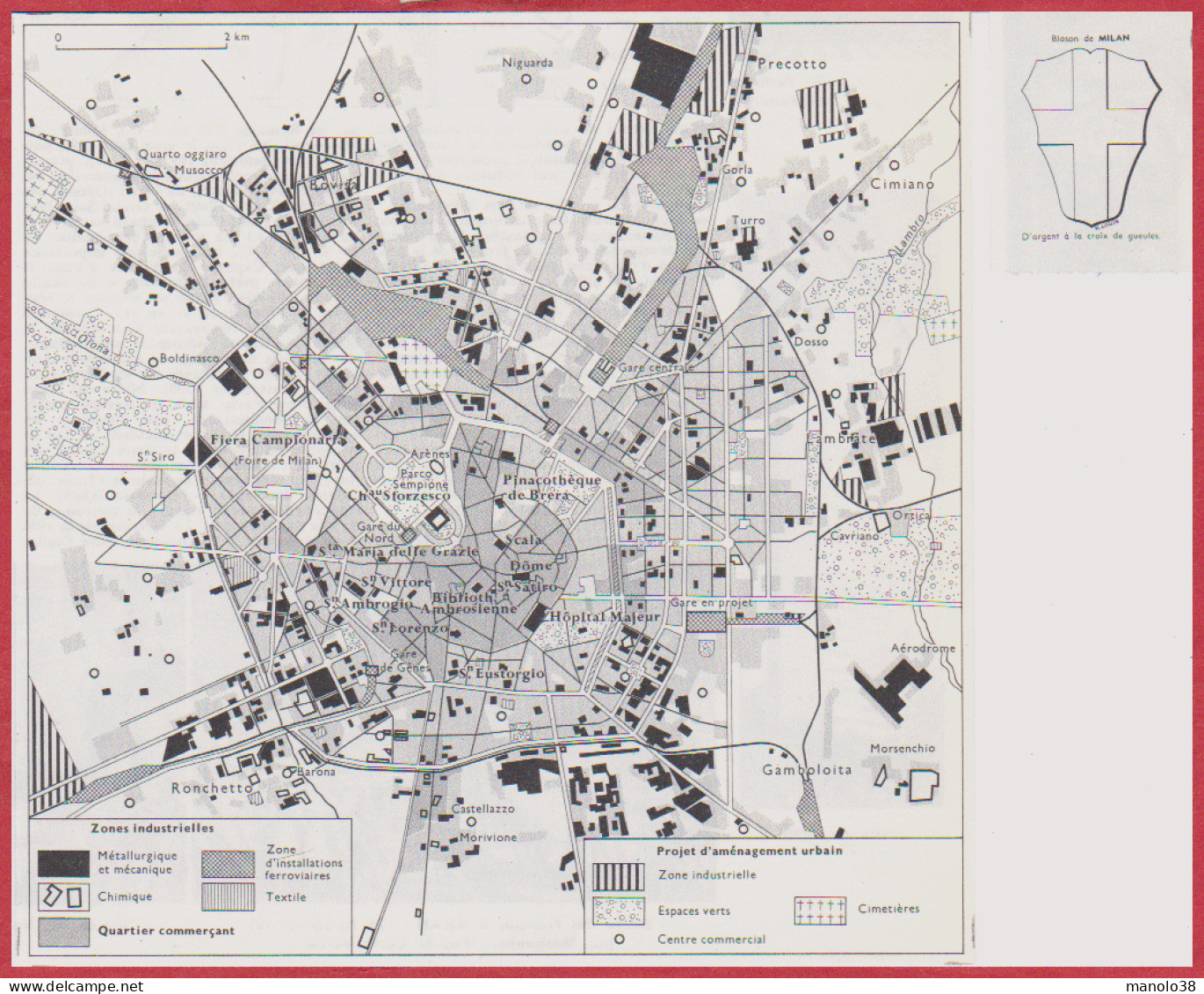 Carte De Milan. Italie. Carte Avec Zones Industrielles ... Projet D'aménagement Urbain. Blason. Larousse 1960. - Historical Documents