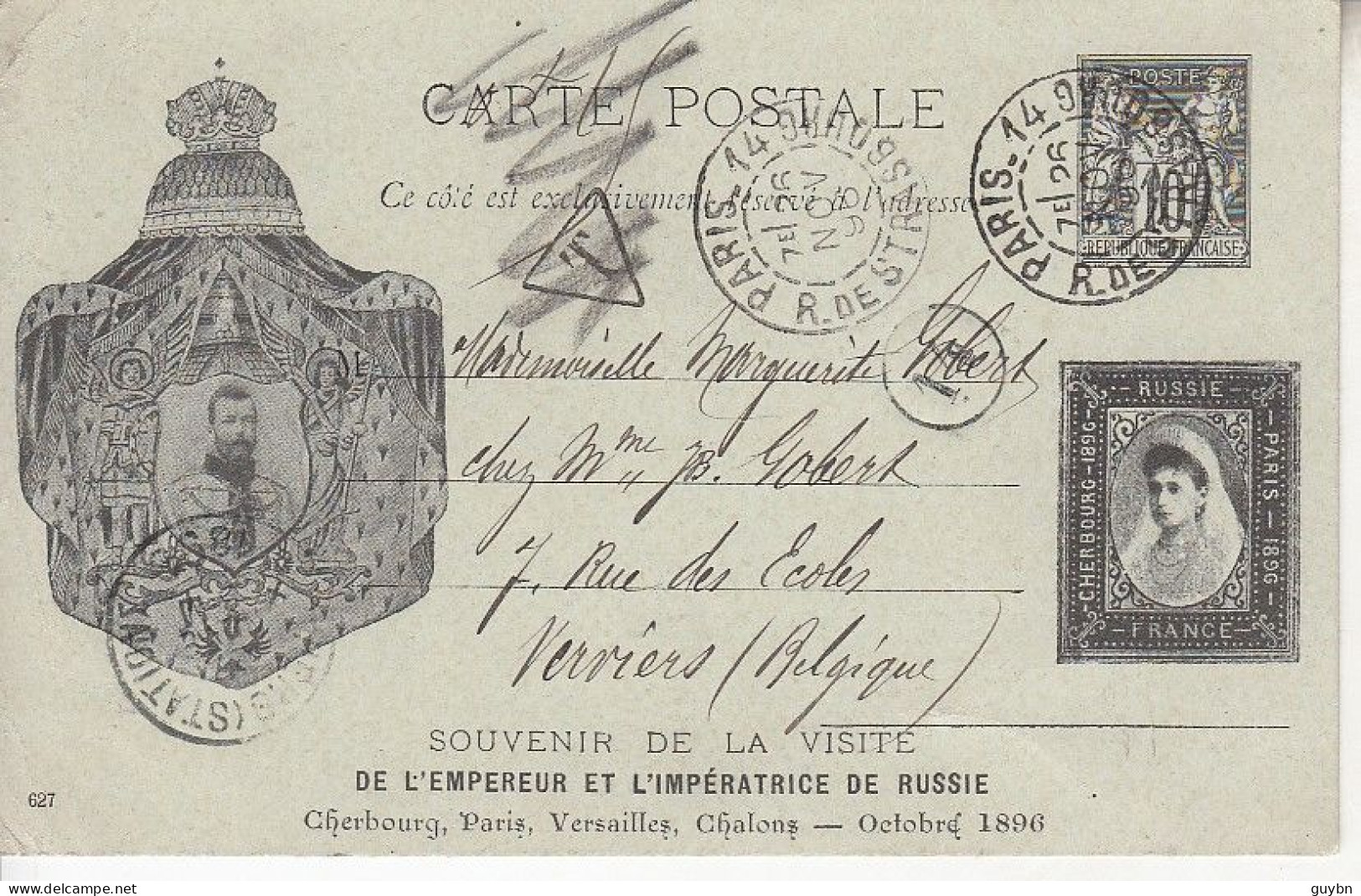 < Entier Commémoratif Cp 10c Sage Visite Tsar En France 1896    Tsarine Dans Un Cadre + Tsar Armoirie Pour La Belgique - Standard Postcards & Stamped On Demand (before 1995)