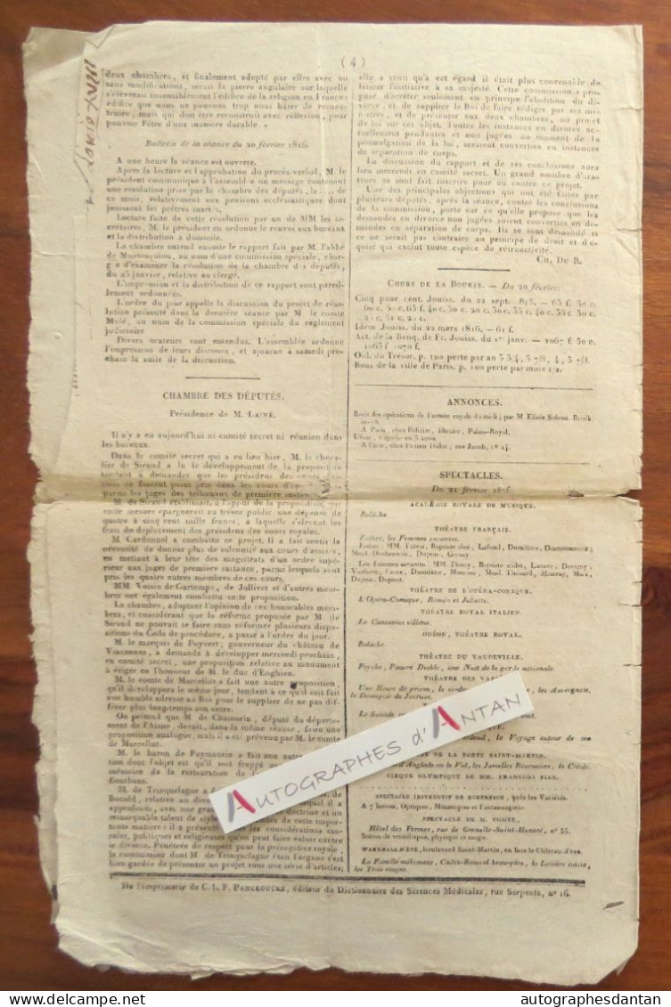 ● Journal Général De France Du 21 Février 1816 - Cachet Rouge Timbre Royal - 1850 - 1899