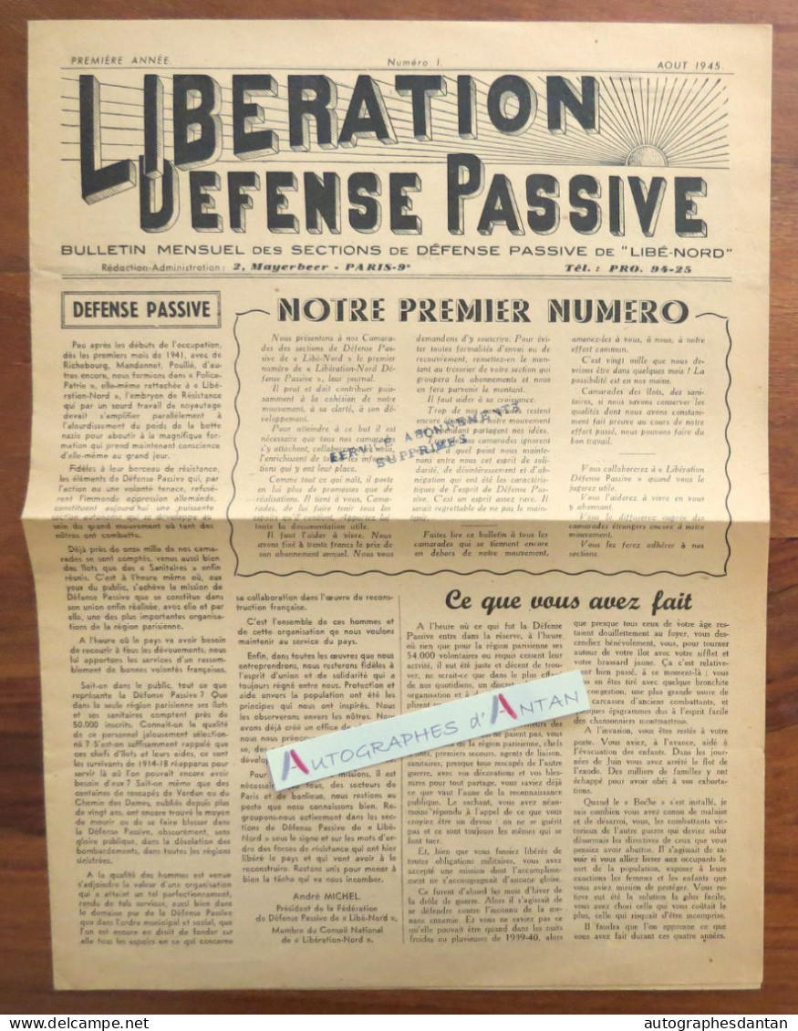 ● 1945 - N°1 - Libération Défense Passive Bulletin Mensuel "Libé-Nord" Ww2 Rare - Autres & Non Classés
