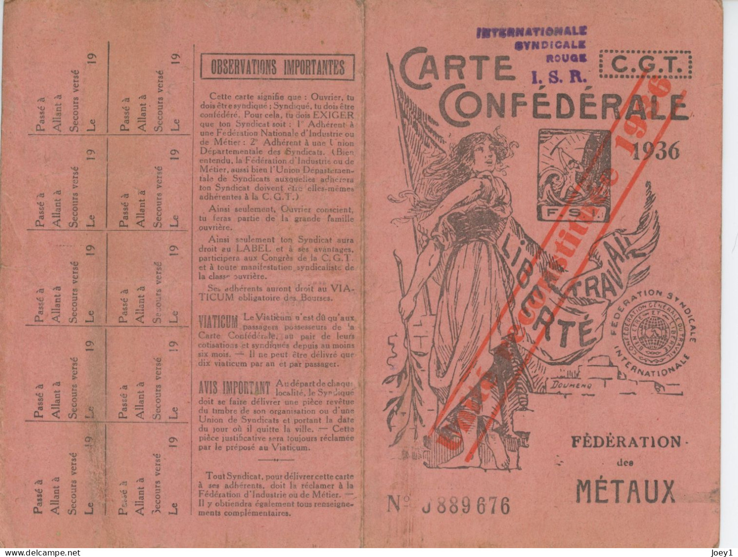 Carte D' Adhésion à La CGT 1936 Front Populaire - Membership Cards
