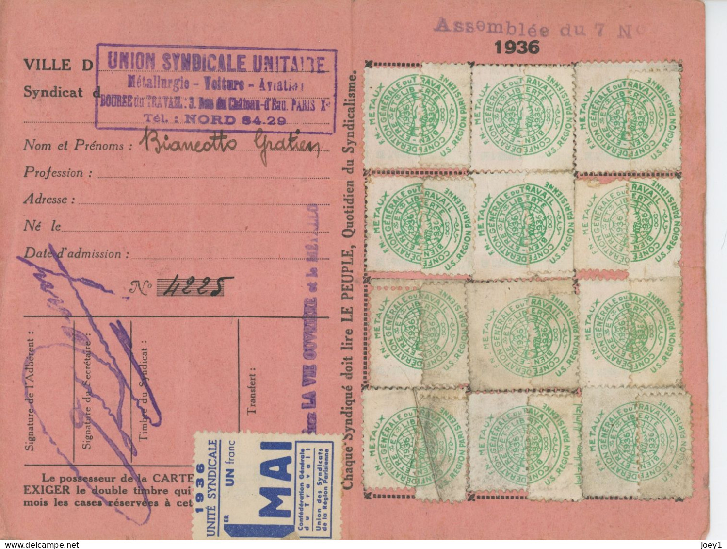 Carte D' Adhésion à La CGT 1936 Front Populaire - Mitgliedskarten
