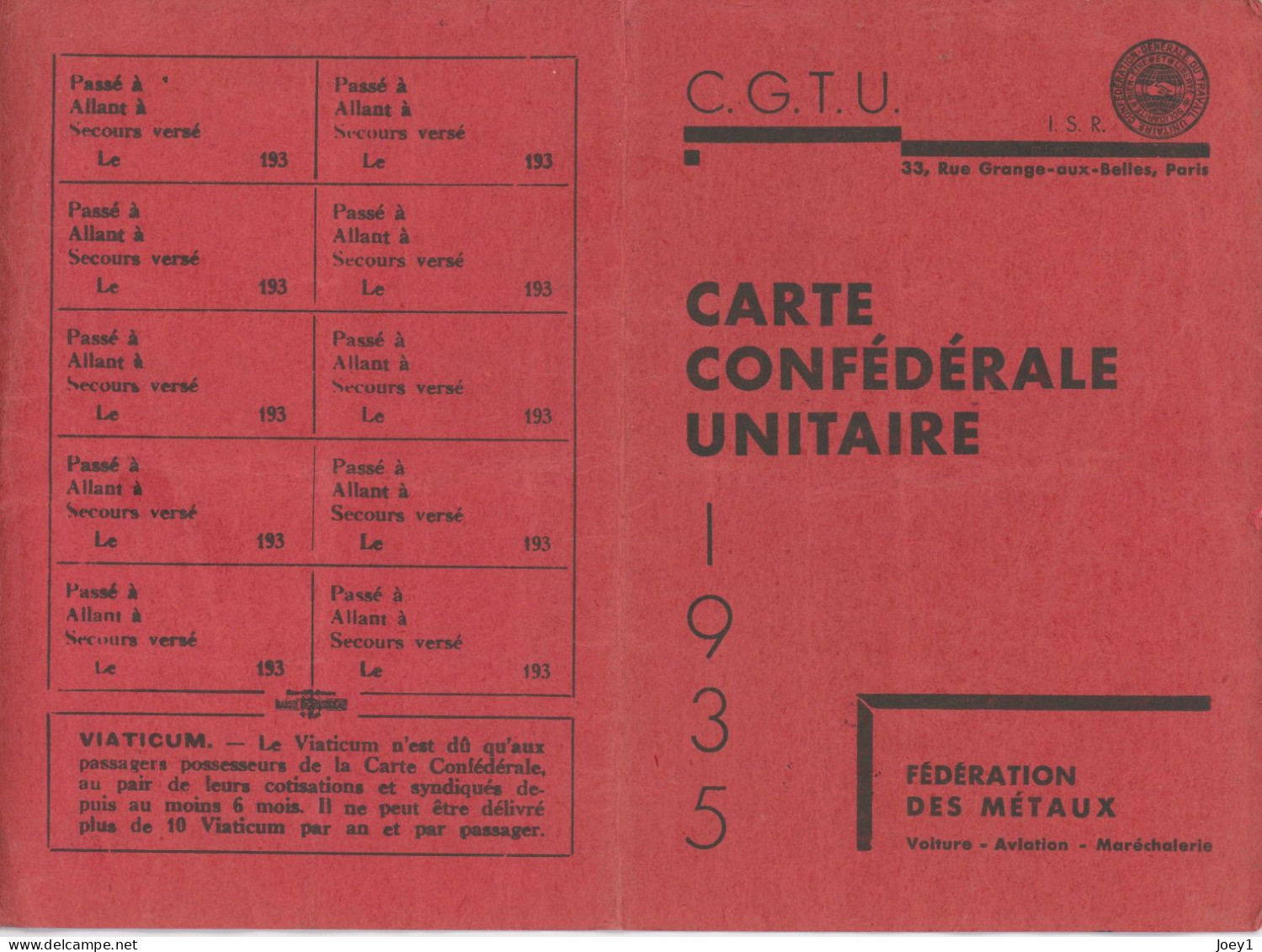 Carte De La CGT 1935 - Tarjetas De Membresía