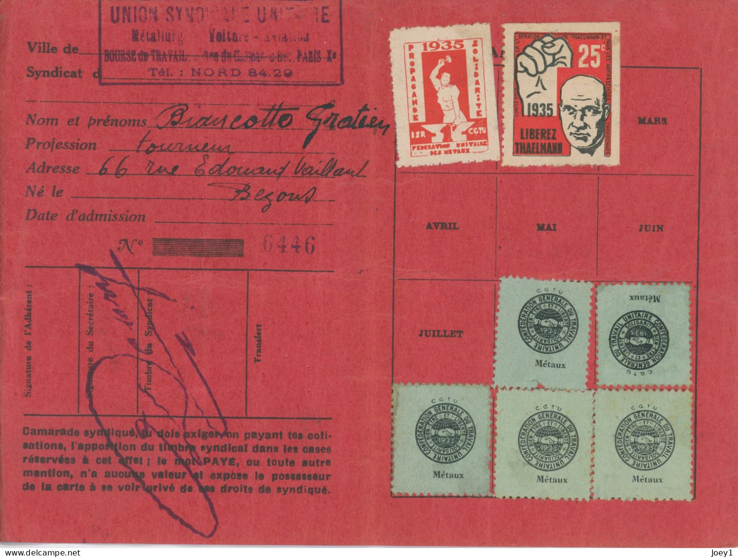 Carte De La CGT 1935 - Cartes De Membre
