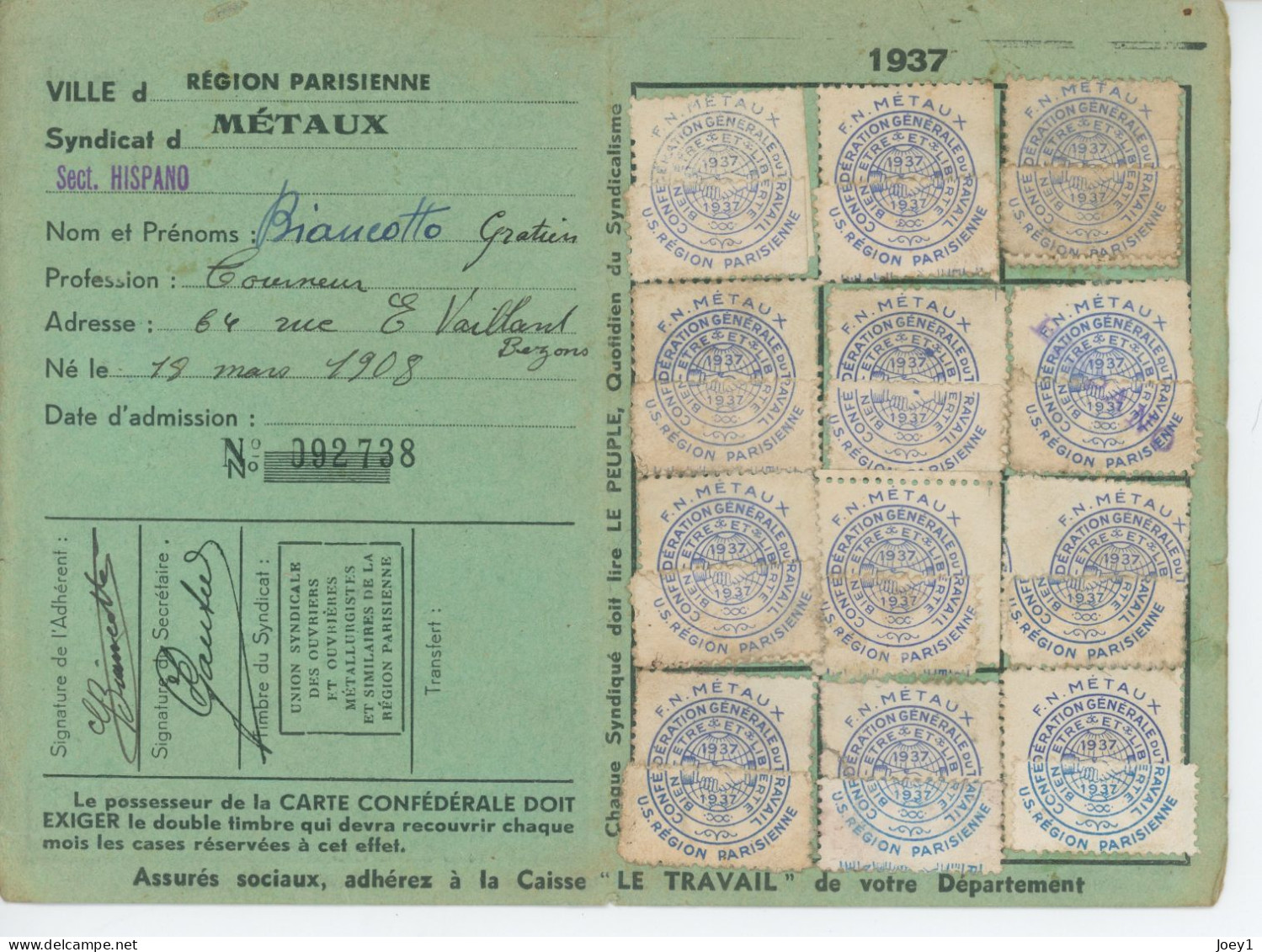 Carte De La CGT 1937 - Cartes De Membre