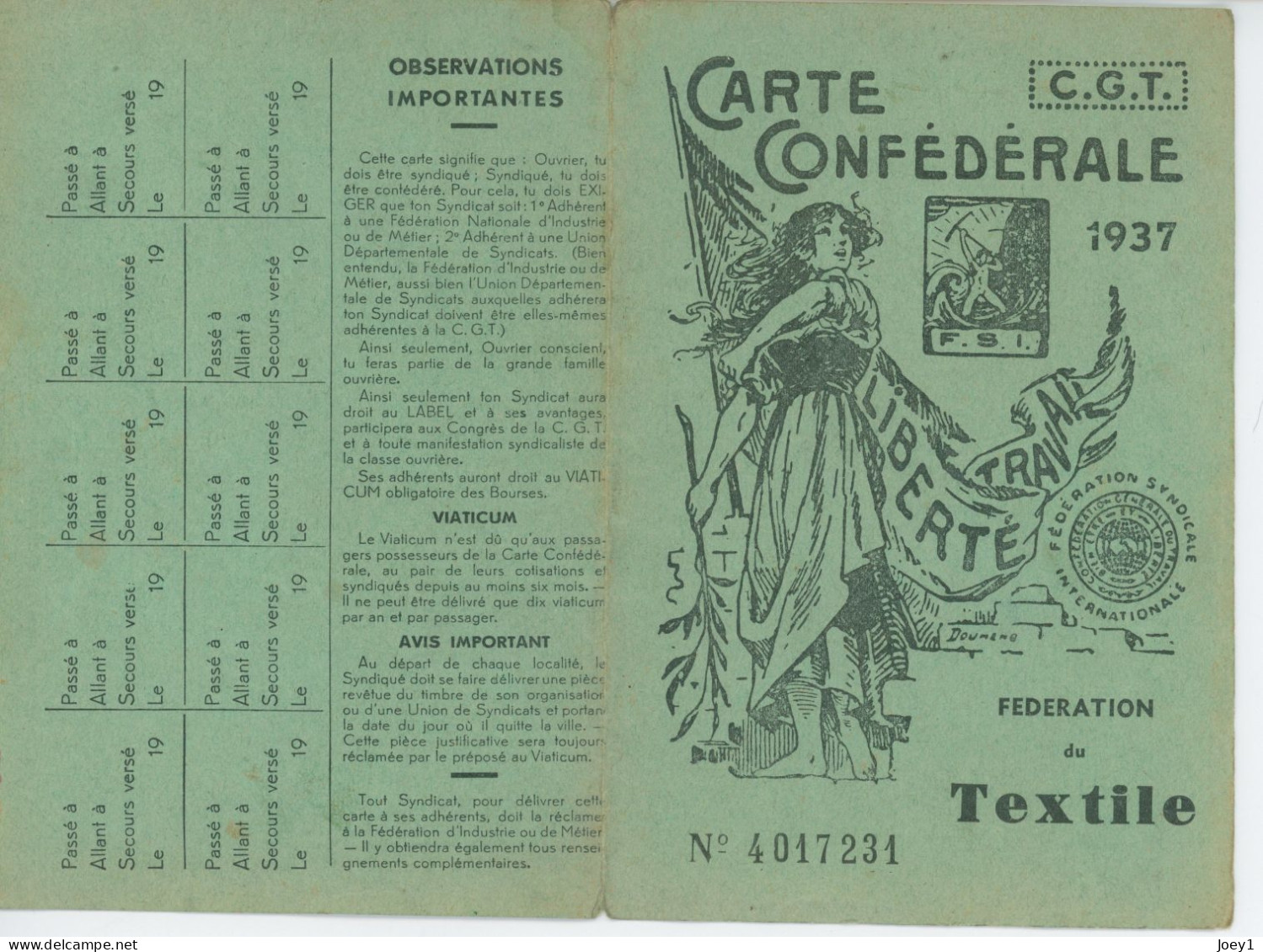Carte De La CGT 1937 - Cartes De Membre
