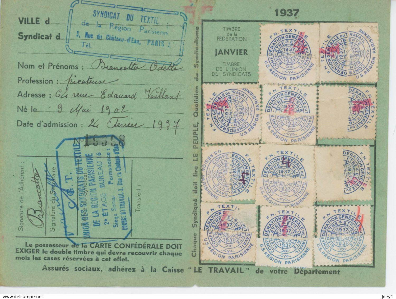 Carte De La CGT 1937 - Tessere Associative